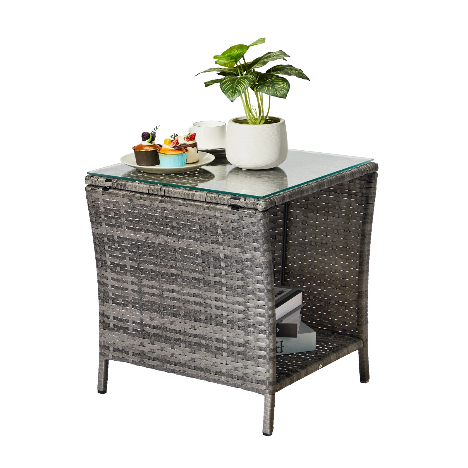 Outdoor Patio Wicker Side Table, Square End Table Bistro Coffee Table with Glass Top Storage Shelf for Porch Garden Backyard Grey view 13