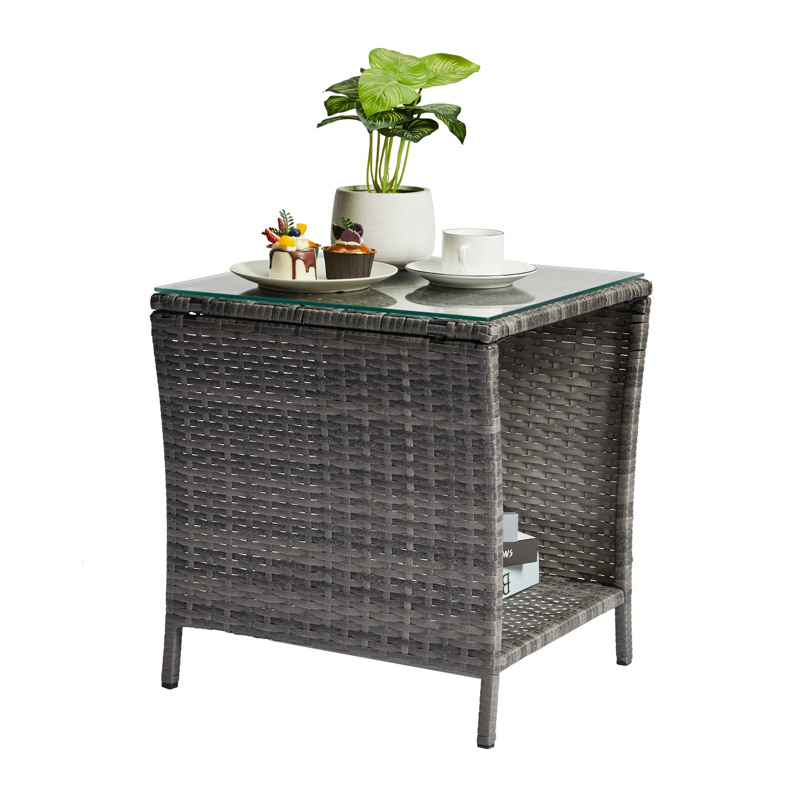 Outdoor Patio Wicker Side Table, Square End Table Bistro Coffee Table with Glass Top Storage Shelf for Porch Garden Backyard Grey view 14