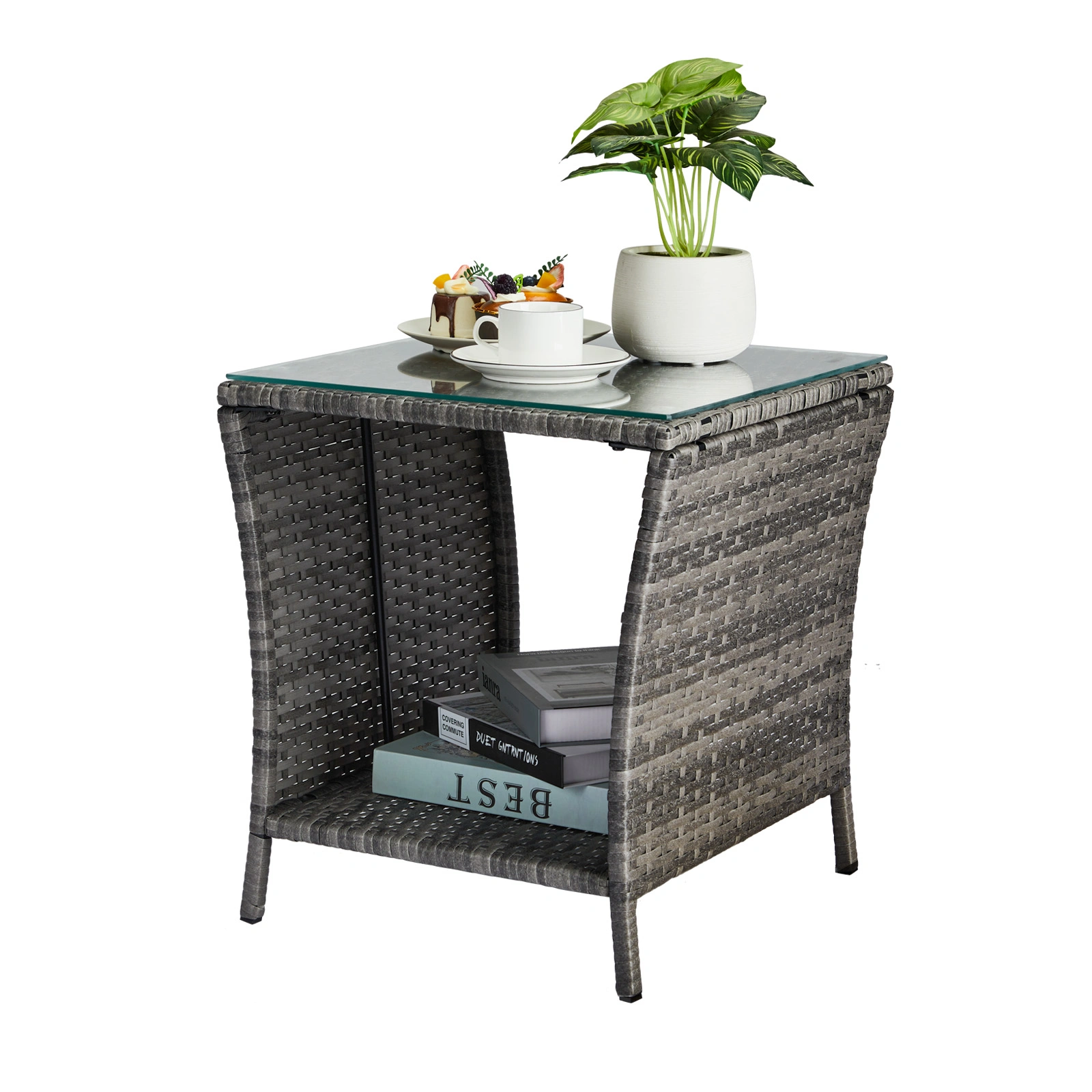 Outdoor Patio Wicker Side Table, Square End Table Bistro Coffee Table with Glass Top Storage Shelf for Porch Garden Backyard Grey view 15