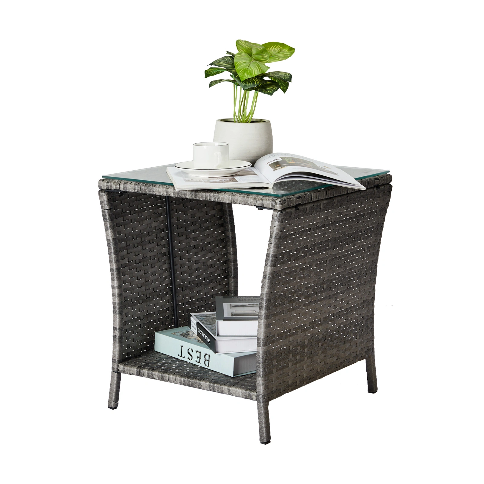 Outdoor Patio Wicker Side Table, Square End Table Bistro Coffee Table with Glass Top Storage Shelf for Porch Garden Backyard Grey view 16
