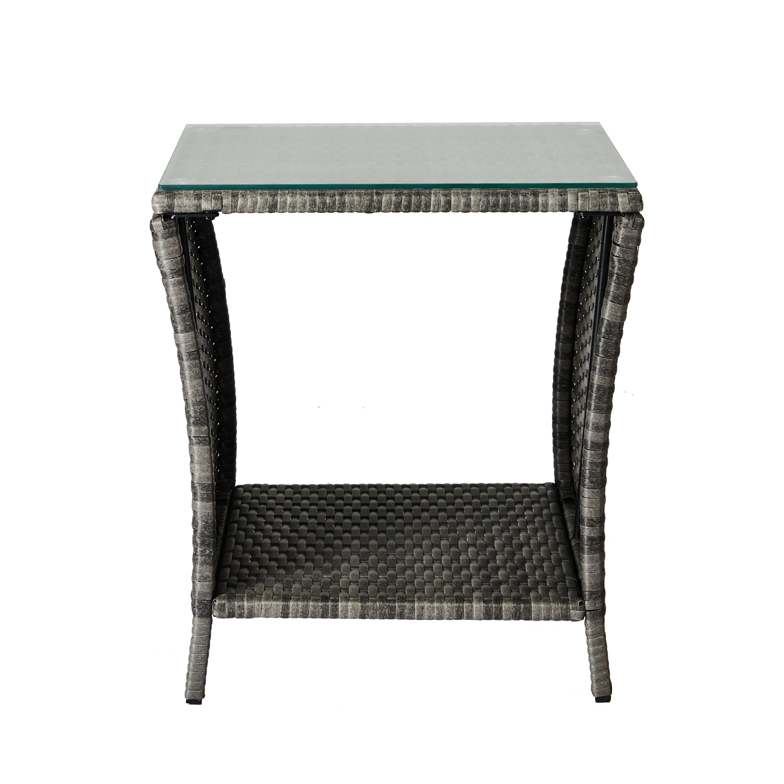 Outdoor Patio Wicker Side Table, Square End Table Bistro Coffee Table with Glass Top Storage Shelf for Porch Garden Backyard Grey view 18