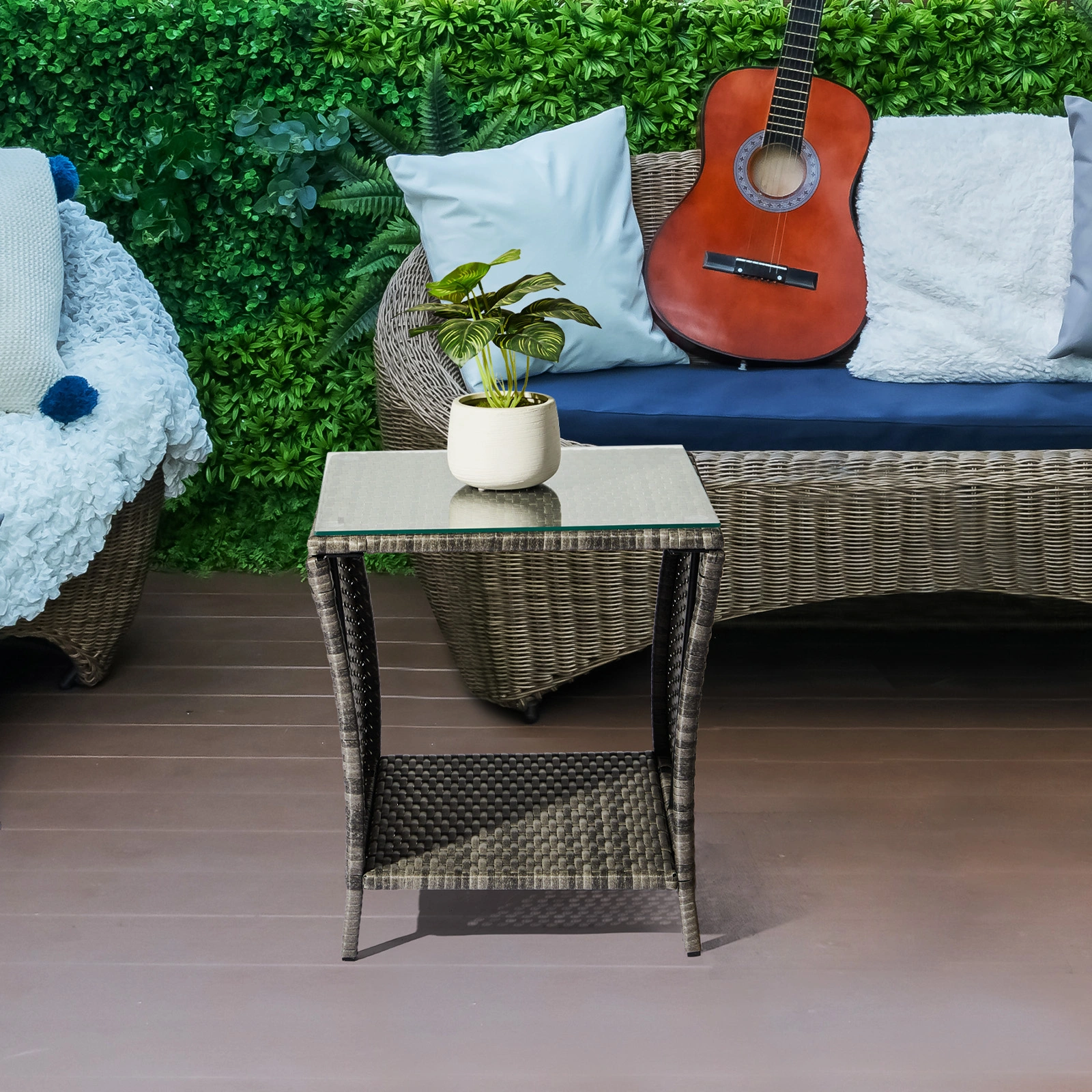 Outdoor Patio Wicker Side Table, Square End Table Bistro Coffee Table with Glass Top Storage Shelf for Porch Garden Backyard Grey view 19