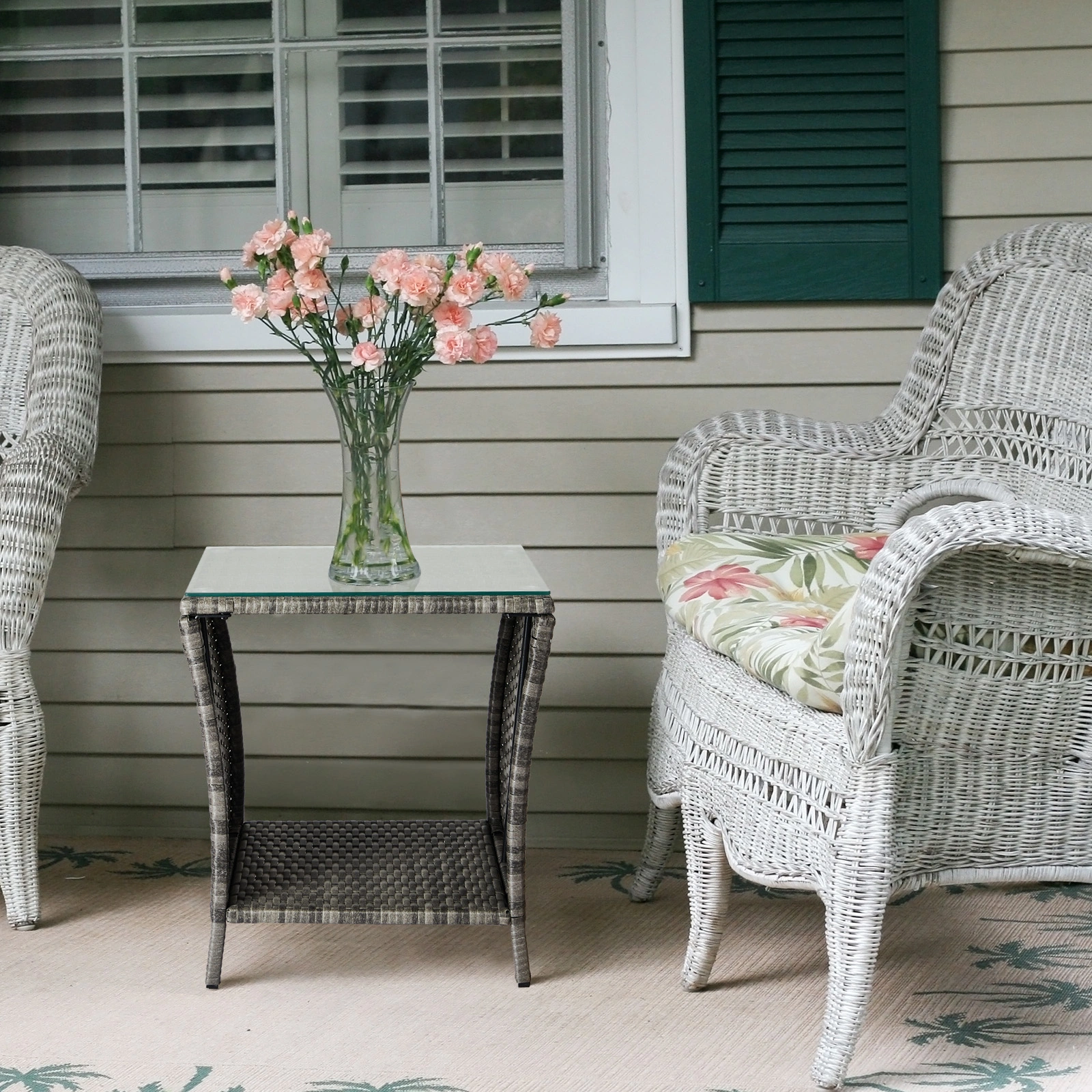 Outdoor Patio Wicker Side Table, Square End Table Bistro Coffee Table with Glass Top Storage Shelf for Porch Garden Backyard Grey view 23