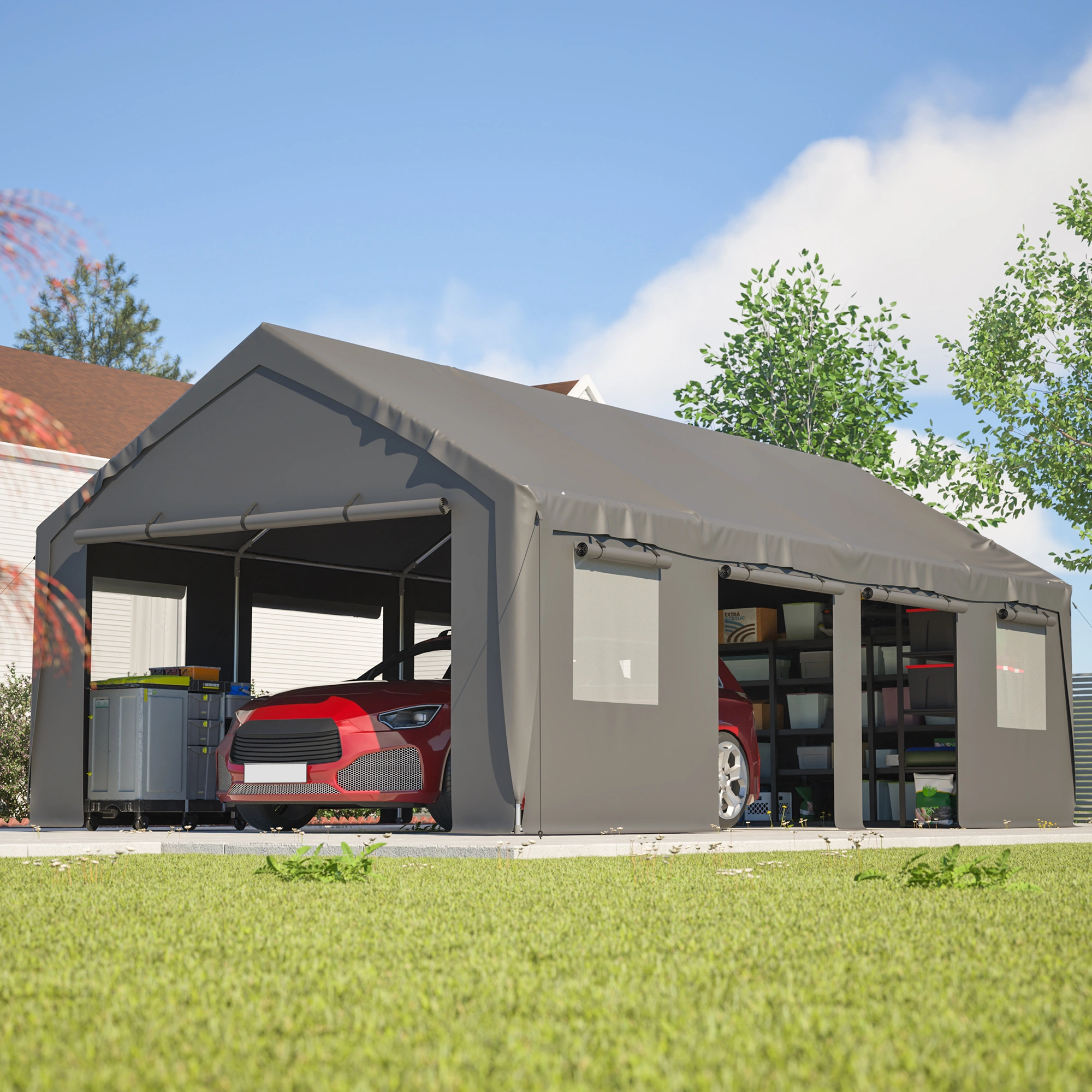 13x25 FT Carport Outdoor Garage with Roll Up Mesh Windows, Waterproof UV Resistant PE Tarp Steel Frame Cover for Car SUV Truck Boat Party Market