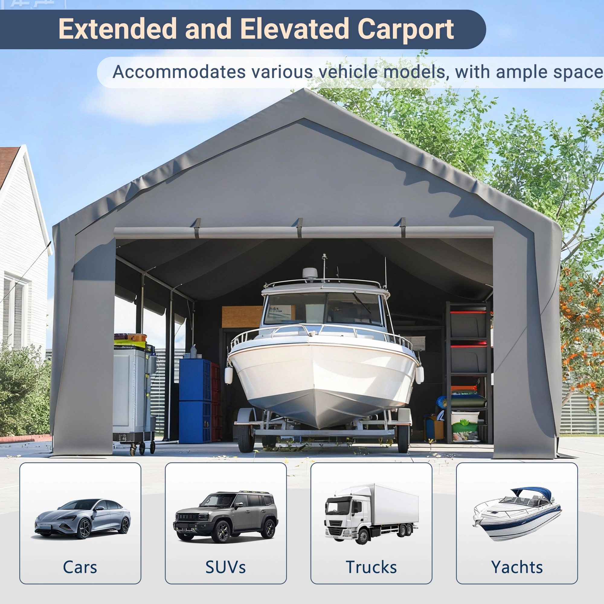 13x25 FT Carport Outdoor Garage with Roll Up Mesh Windows, Waterproof UV Resistant PE Tarp Steel Frame Cover for Car SUV Truck Boat Party Market view 3