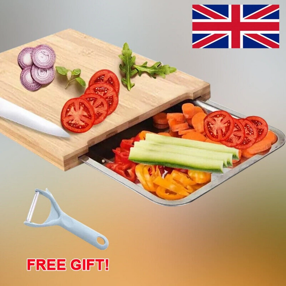 Bamboo Cutting Board with Sliding Stainless Steel Tray - Wooden Chopping Board for Slicing & Serving Kitchen Prep view 2