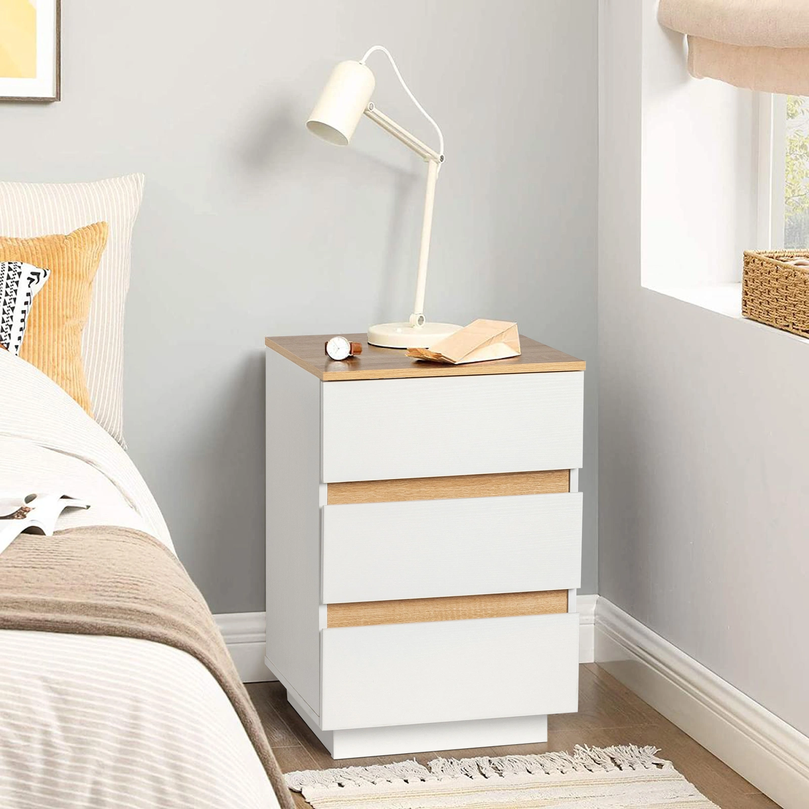 White & Oak E1 Particleboard 3-Drawer Bedside Table, 12mm Embossed Melamine, Handle-Free Nightstand, 38x32x56cm, 1PC view 3