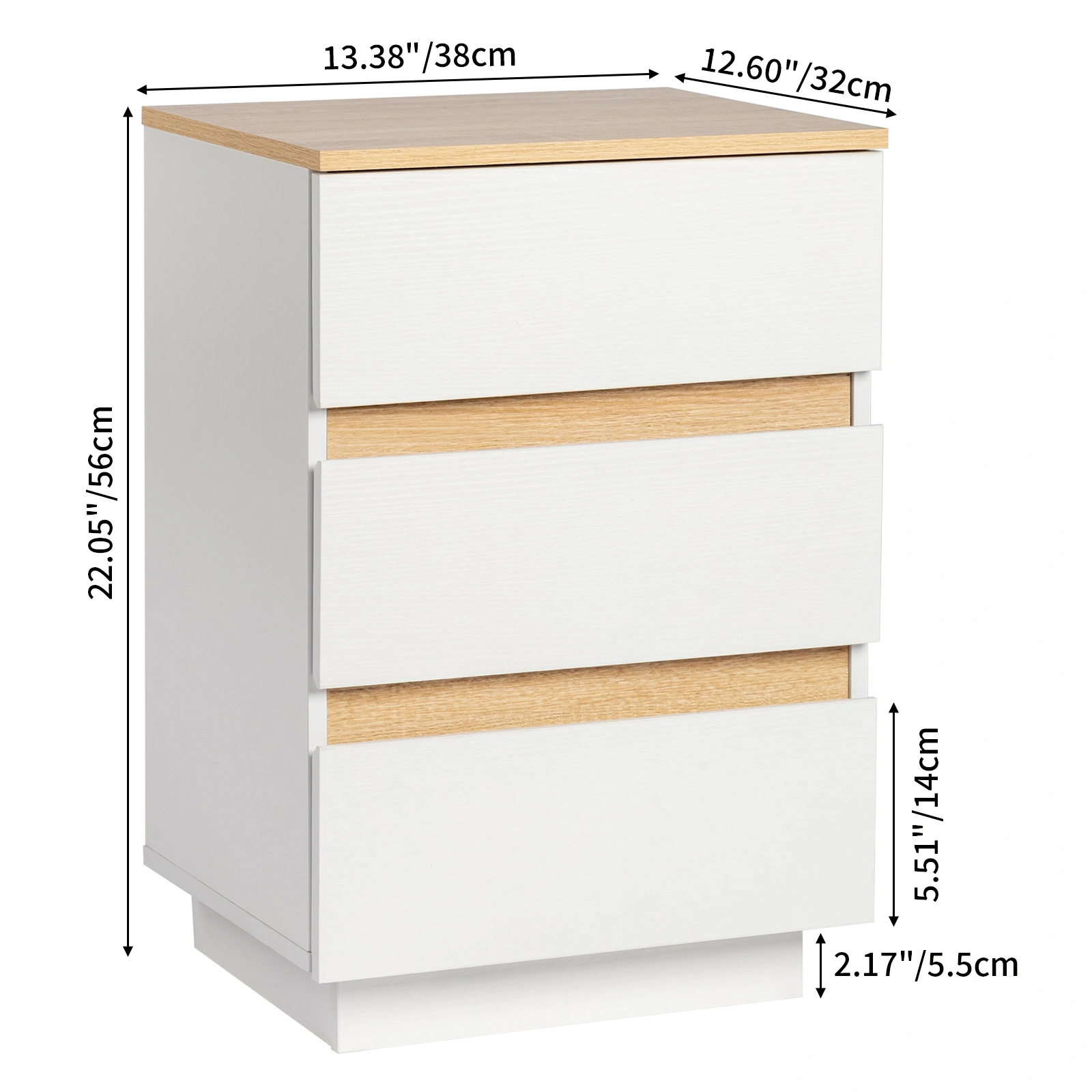 White & Oak E1 Particleboard 3-Drawer Bedside Table, 12mm Embossed Melamine, Handle-Free Nightstand, 38x32x56cm, 1PC view 4