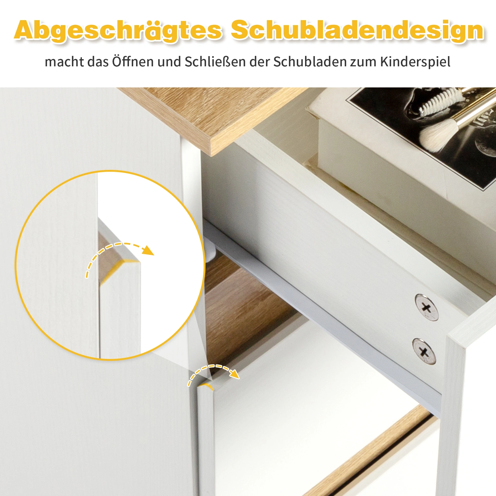 White & Oak E1 Particleboard 3-Drawer Bedside Table, 12mm Embossed Melamine, Handle-Free Nightstand, 38x32x56cm, 1PC view 5