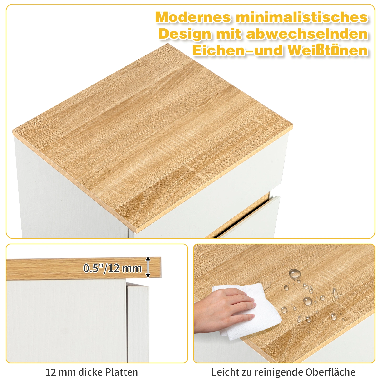 White & Oak E1 Particleboard 3-Drawer Bedside Table, 12mm Embossed Melamine, Handle-Free Nightstand, 38x32x56cm, 1PC view 6