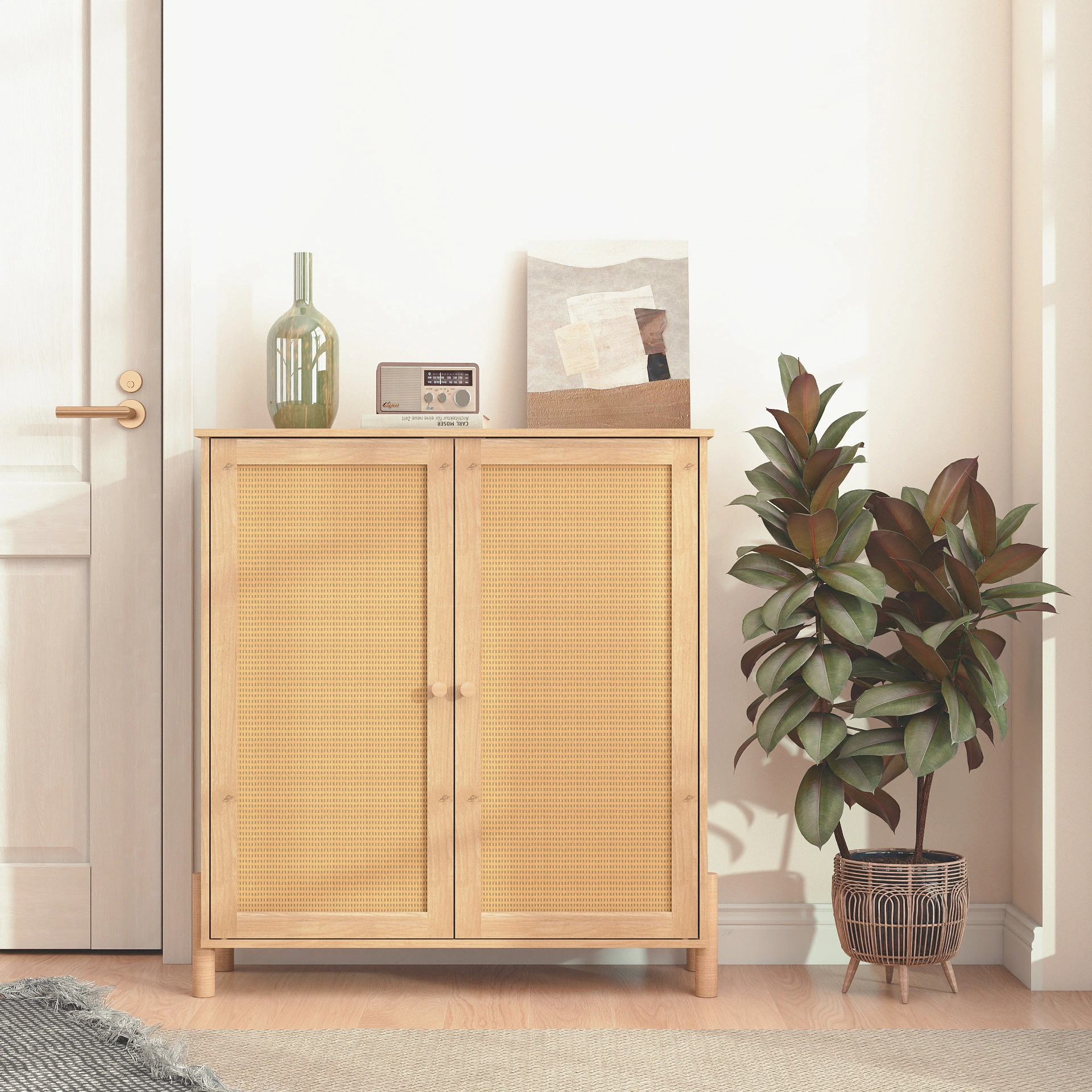 Mid-Century Modern Storage Cabinet Woven Rattan Doors Adjustable Shelves Entertaining Center Living Room Dining Room Cream White