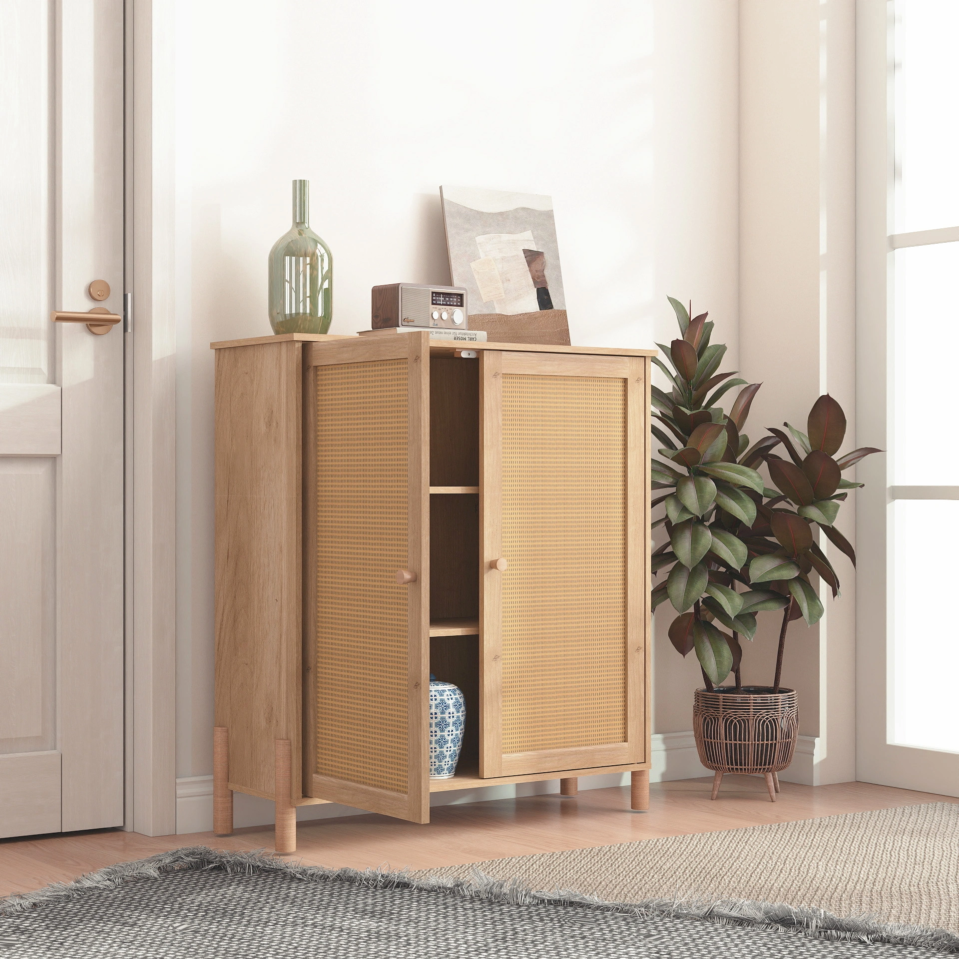 Mid-Century Modern Storage Cabinet Woven Rattan Doors Adjustable Shelves Entertaining Center Living Room Dining Room Cream White view 10