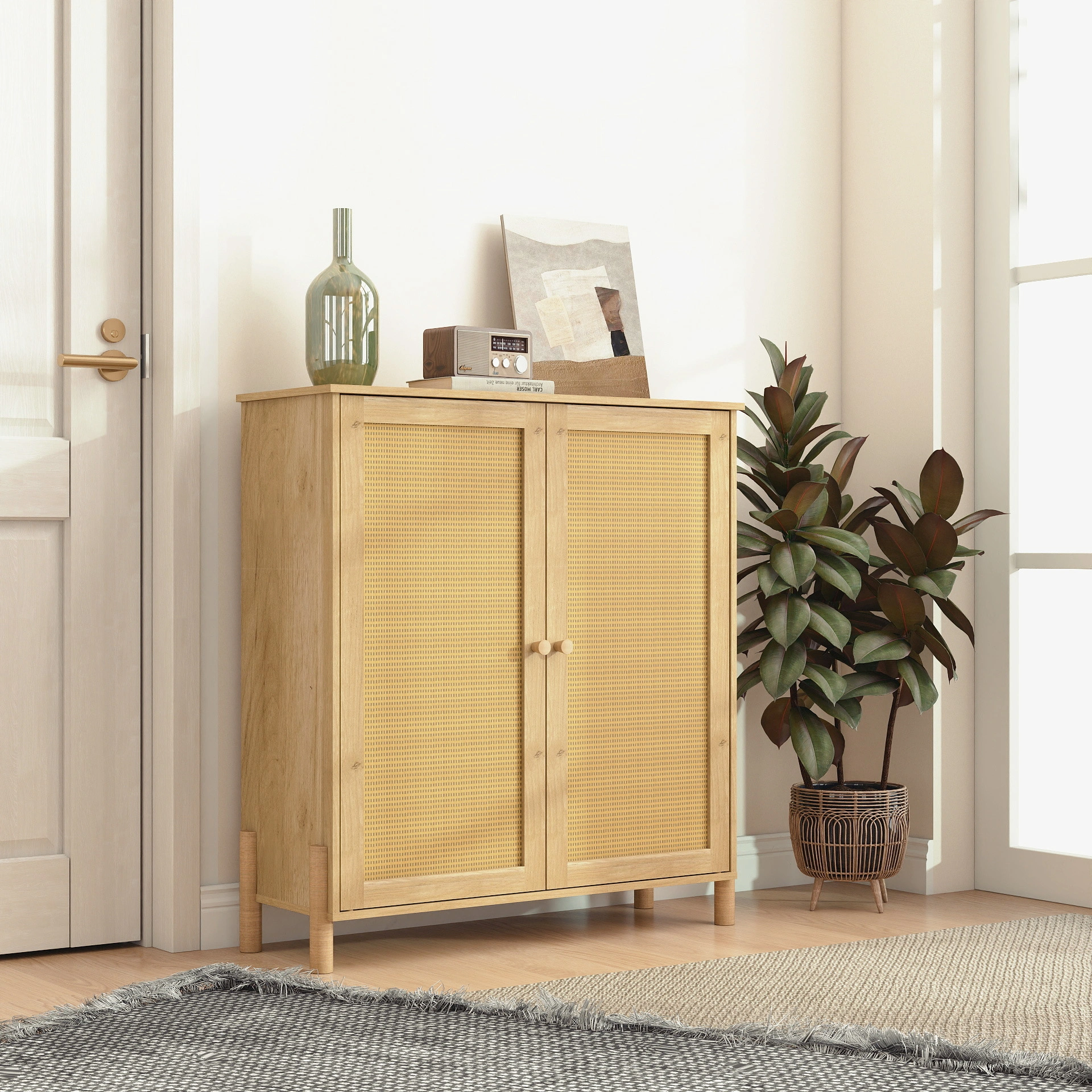 Mid-Century Modern Storage Cabinet Woven Rattan Doors Adjustable Shelves Entertaining Center Living Room Dining Room Cream White view 2
