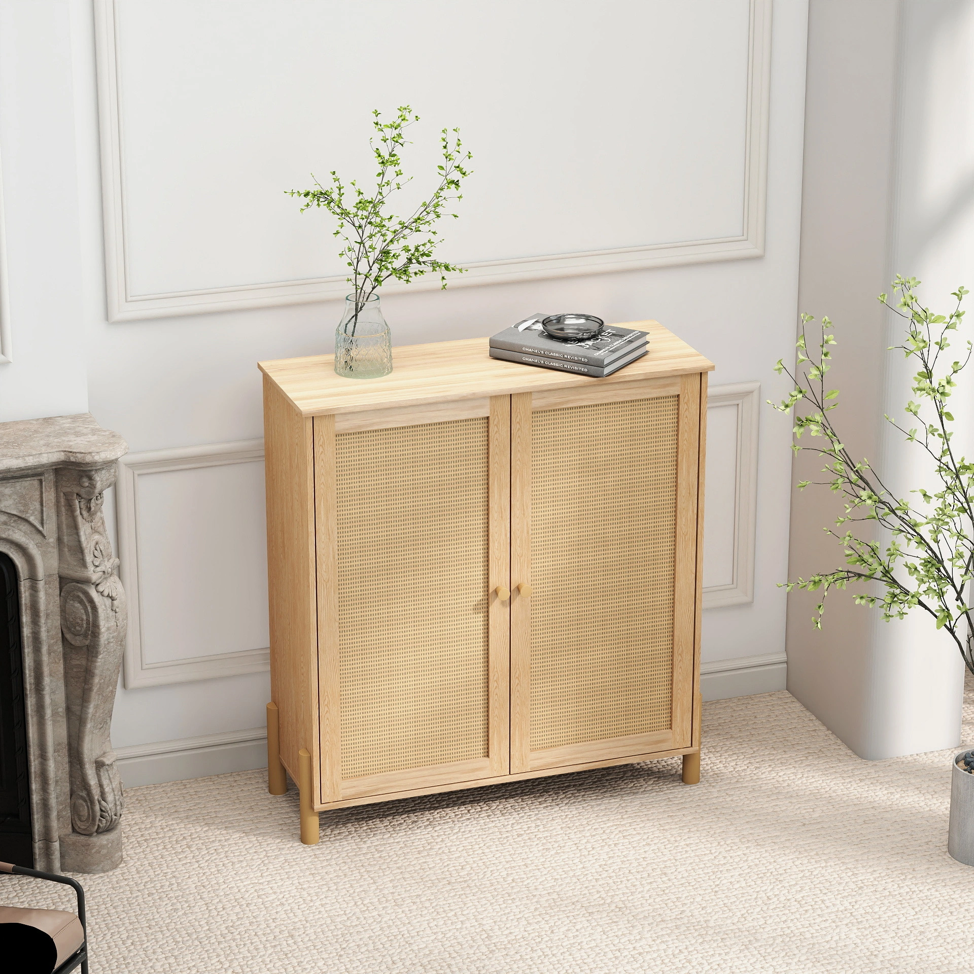 Mid-Century Modern Storage Cabinet Woven Rattan Doors Adjustable Shelves Entertaining Center Living Room Dining Room Cream White view 5