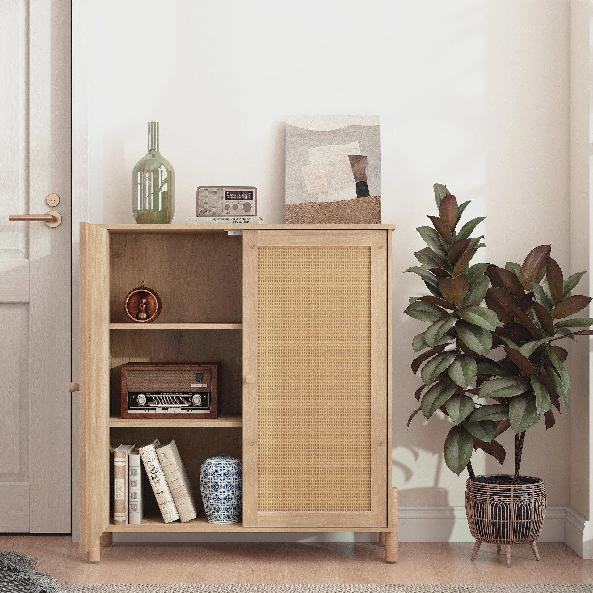 Mid-Century Modern Storage Cabinet Woven Rattan Doors Adjustable Shelves Entertaining Center Living Room Dining Room Cream White view 9