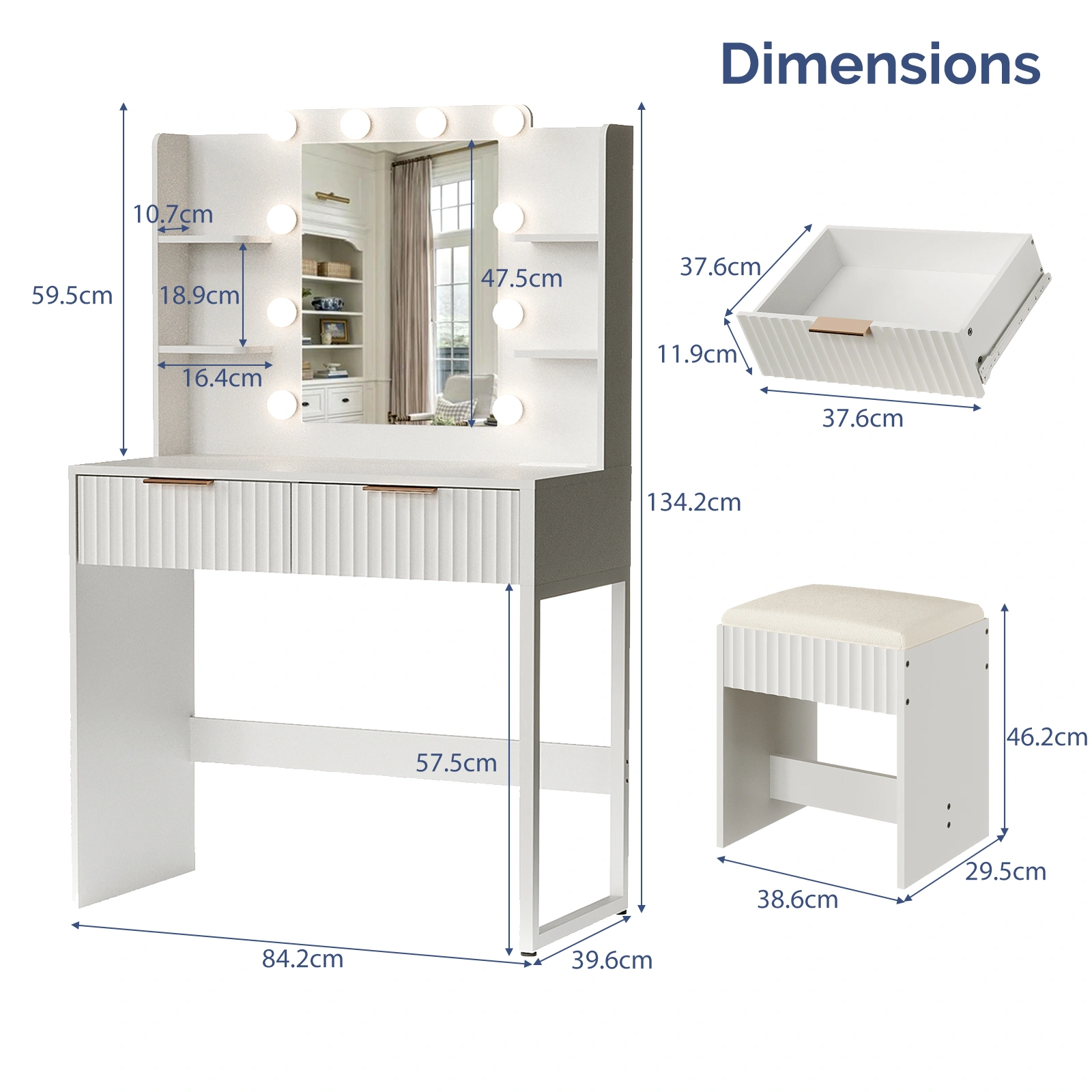 White particleboard with a melamine finish, 2 drawers, 4 shelves, a dressing table set with 10 three-tone light bulbs, a power strip, and a grille. view 4