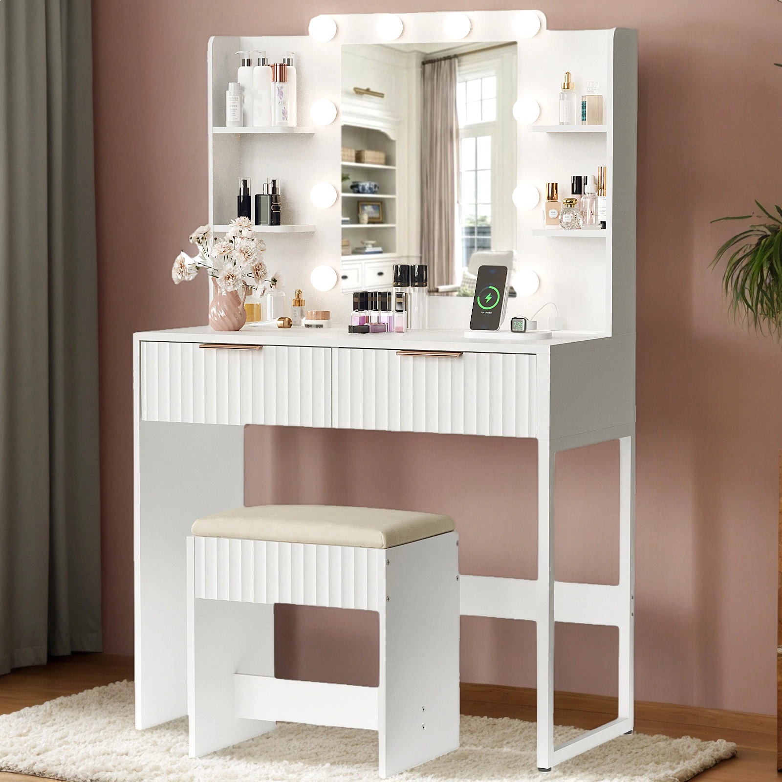 White particleboard with a melamine finish, 2 drawers, 4 shelves, a dressing table set with 10 three-tone light bulbs, a power strip, and a grille. view 7