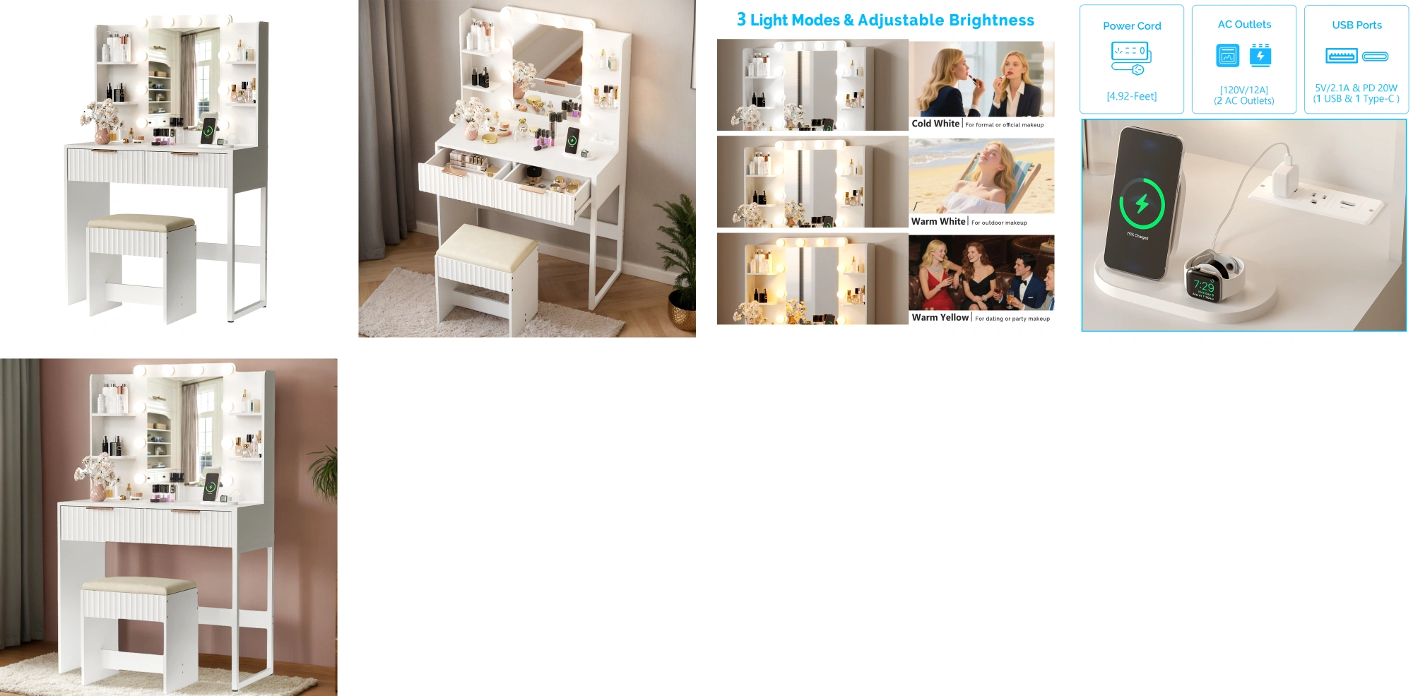 White particleboard with a melamine finish, 2 drawers, 4 shelves, a dressing table set with 10 three-tone light bulbs, a power strip, and a grille. view 8