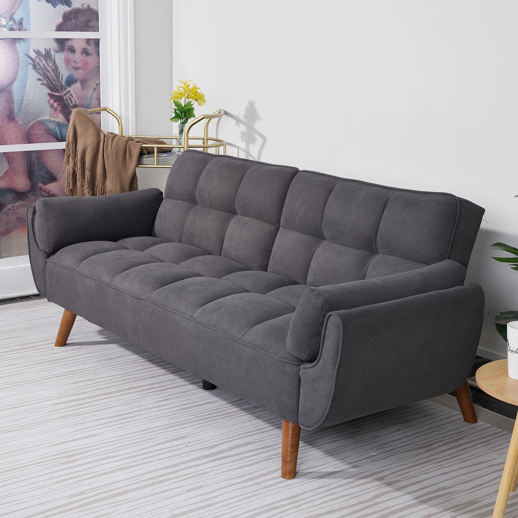 75" Flared Arm Convertible Sleeper Sofa Bed with Memory Foam Cushion, Dark Gray Fabric Loveseat for Living Room view 11