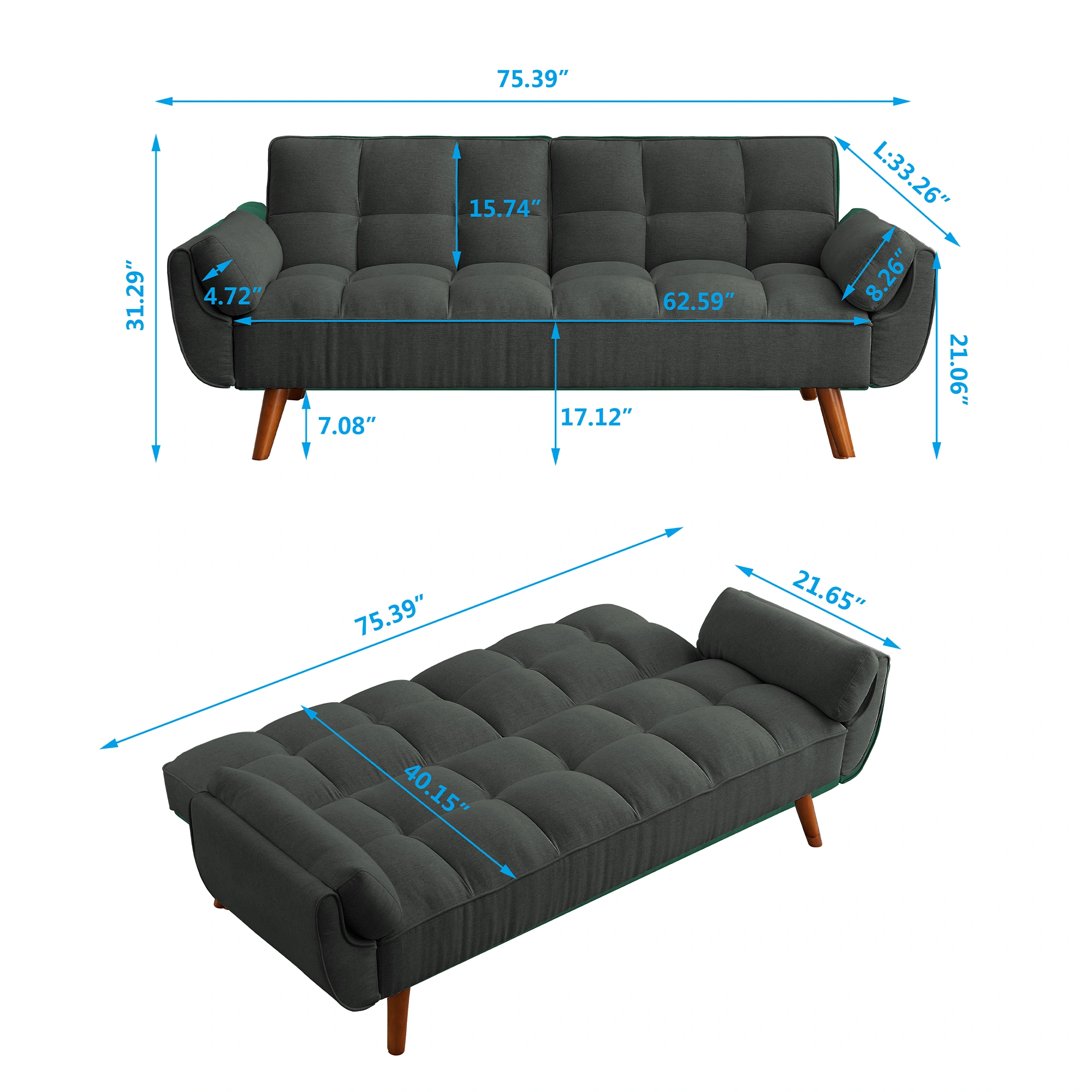 75" Flared Arm Convertible Sleeper Sofa Bed with Memory Foam Cushion, Dark Gray Fabric Loveseat for Living Room view 14