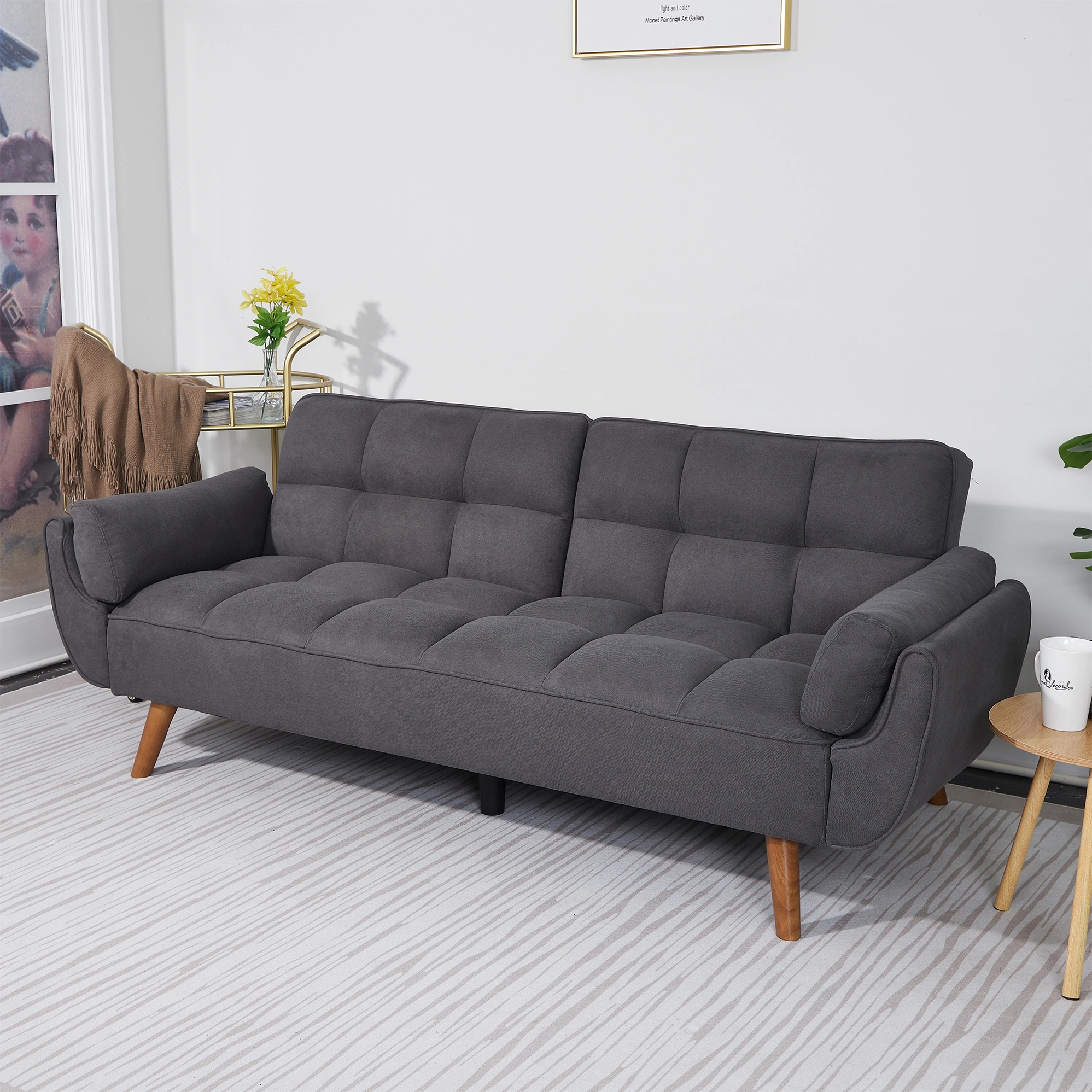 75" Flared Arm Convertible Sleeper Sofa Bed with Memory Foam Cushion, Dark Gray Fabric Loveseat for Living Room view 4