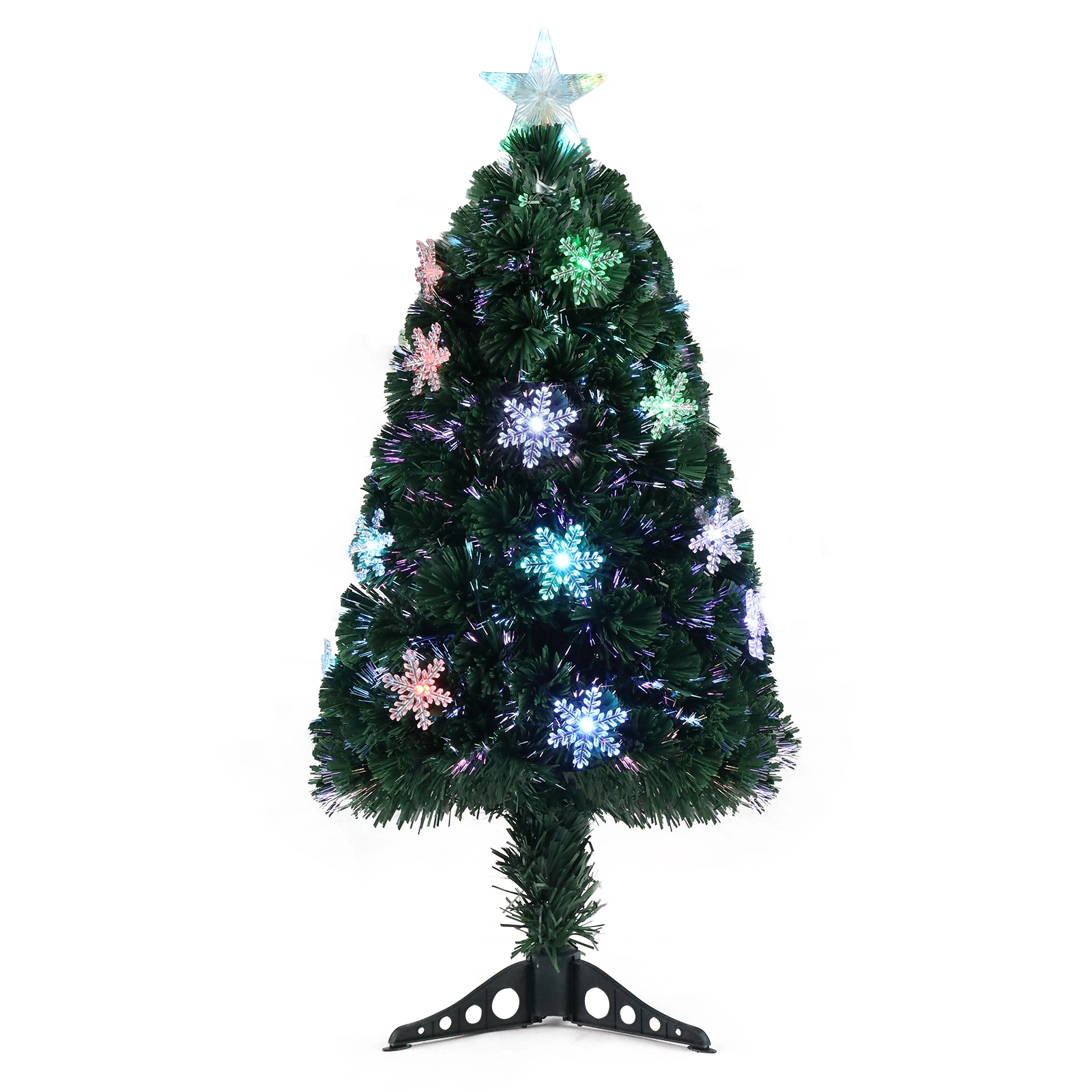 3ft Fiber Optic Christmas Tree, 12 Color-Changing Lights, 85 Branches, Plastic Base, Snowflake Accents, Green PVC