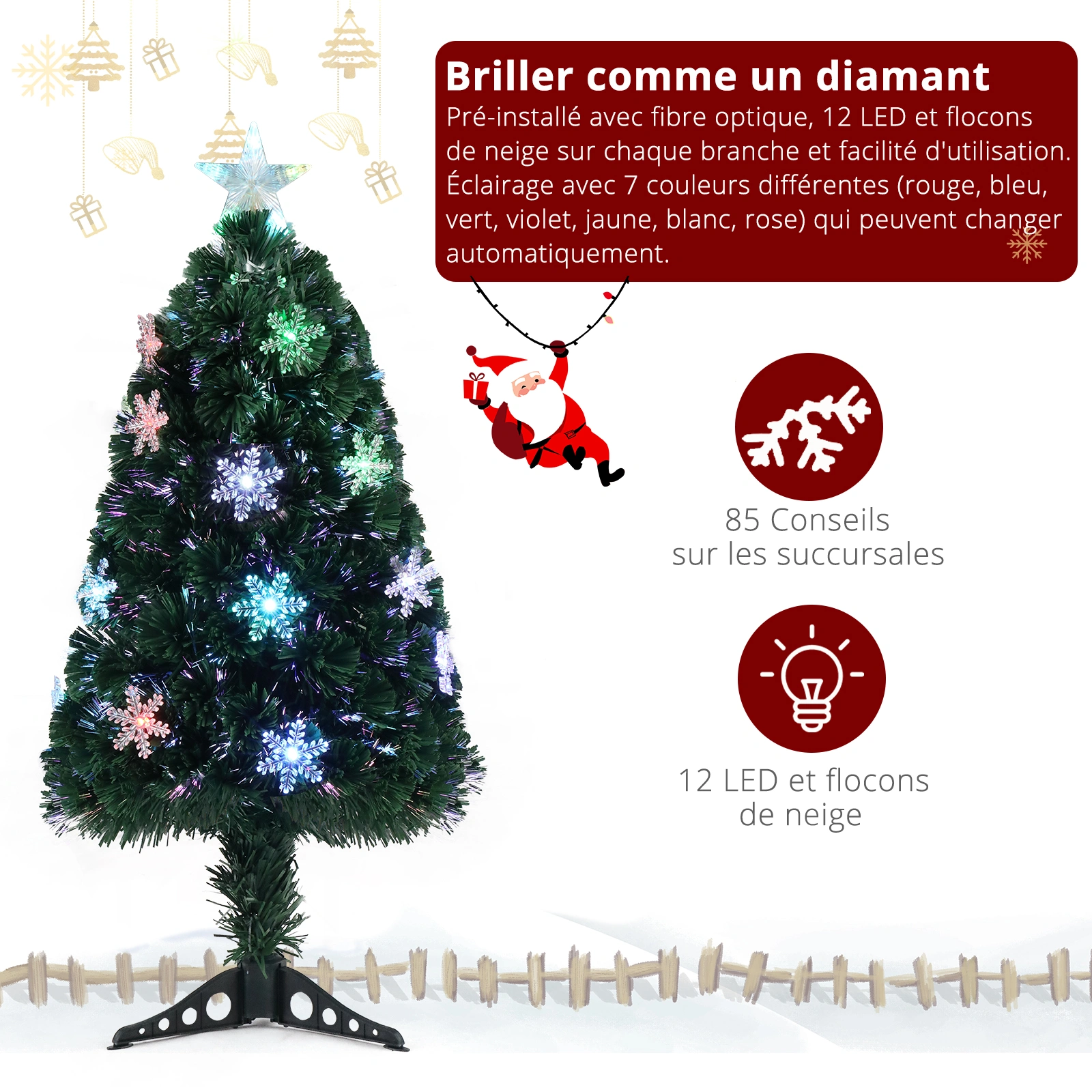 3ft Fiber Optic Christmas Tree, 12 Color-Changing Lights, 85 Branches, Plastic Base, Snowflake Accents, Green PVC view 2