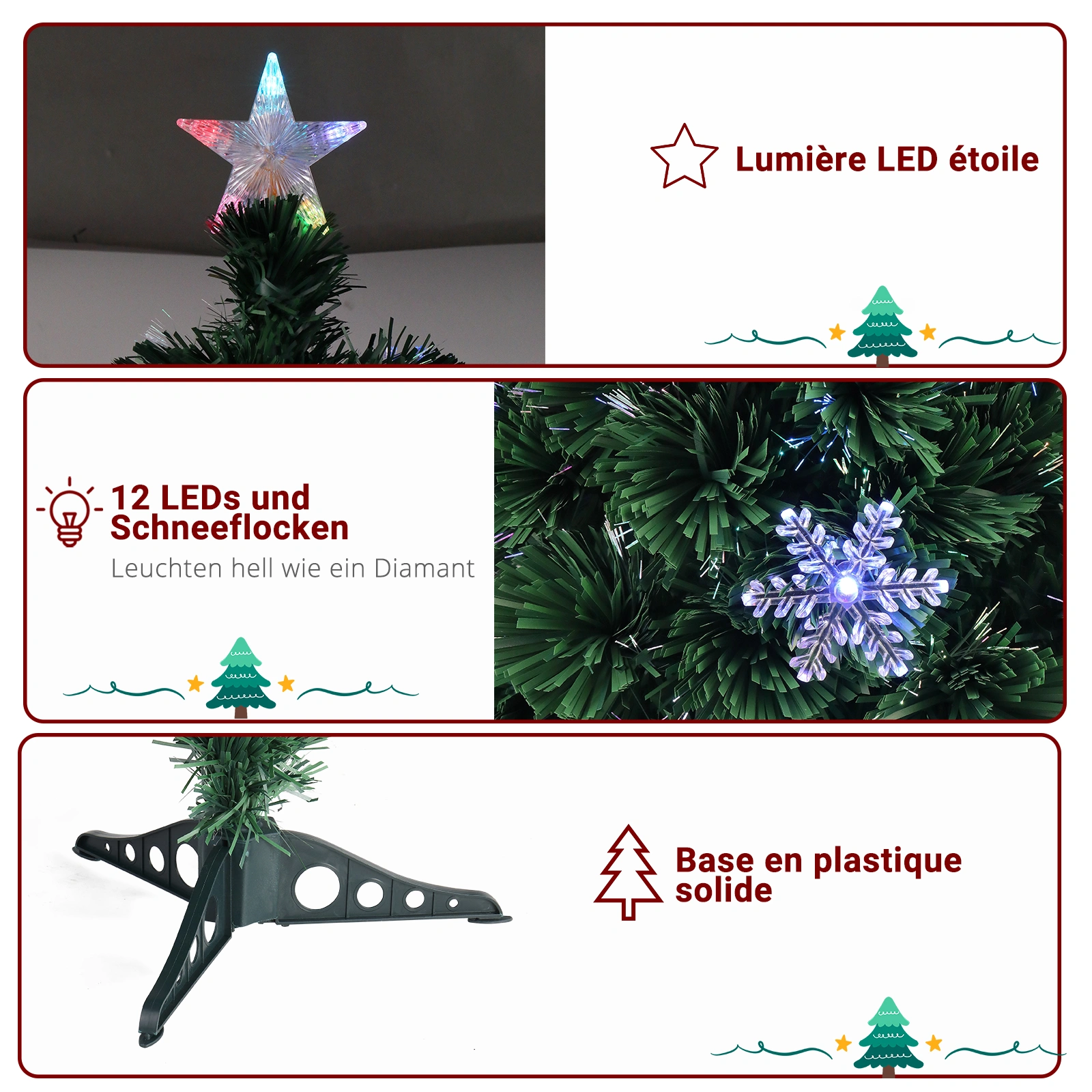 3ft Fiber Optic Christmas Tree, 12 Color-Changing Lights, 85 Branches, Plastic Base, Snowflake Accents, Green PVC view 3