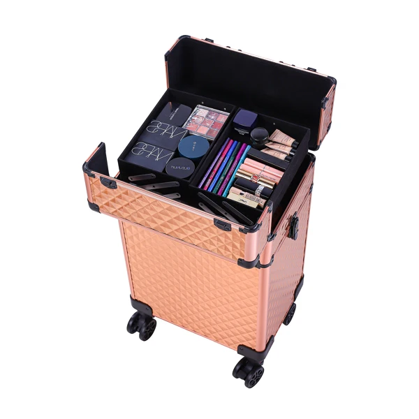 4-in-1 Draw-bar Style Interchangeable Aluminum Rolling Makeup Case-Rose Gold view 3