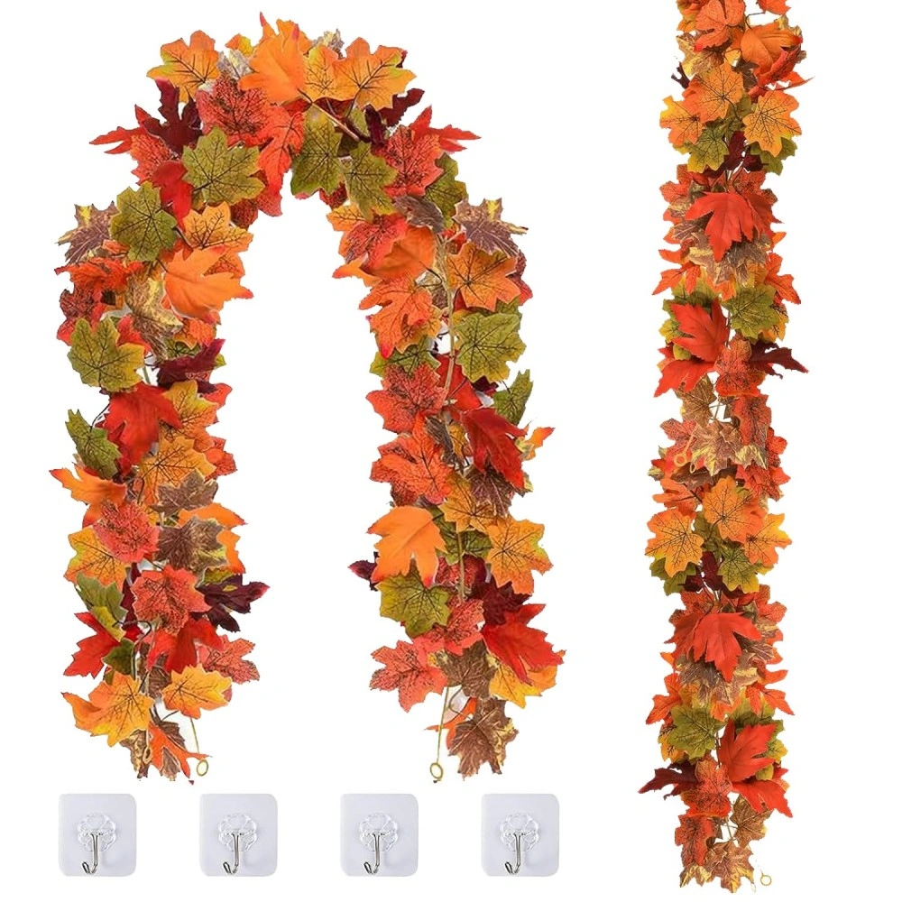 6FT Autumn Maple Leaves Wreath Garland - Halloween Christmas Faux Fall Leaves Hanging Decoration view 2
