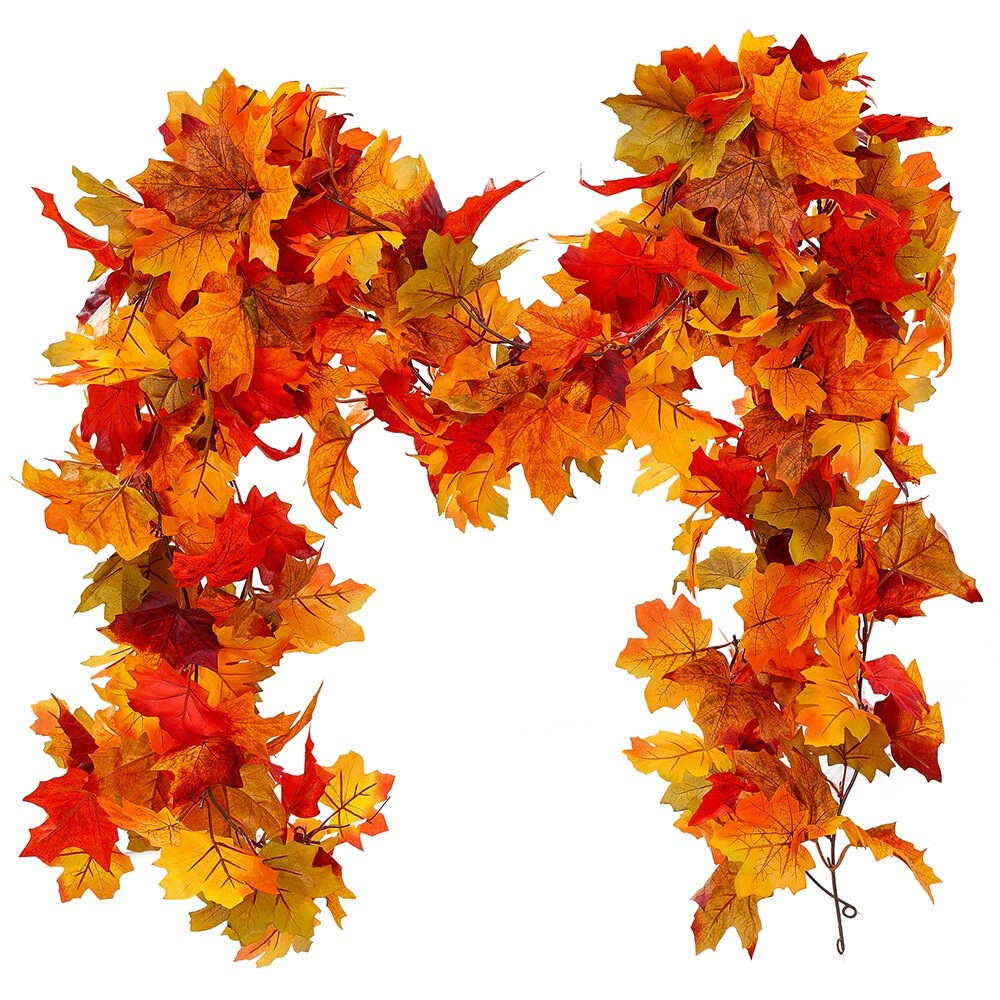 6FT Autumn Maple Leaves Wreath Garland - Halloween Christmas Faux Fall Leaves Hanging Decoration view 3