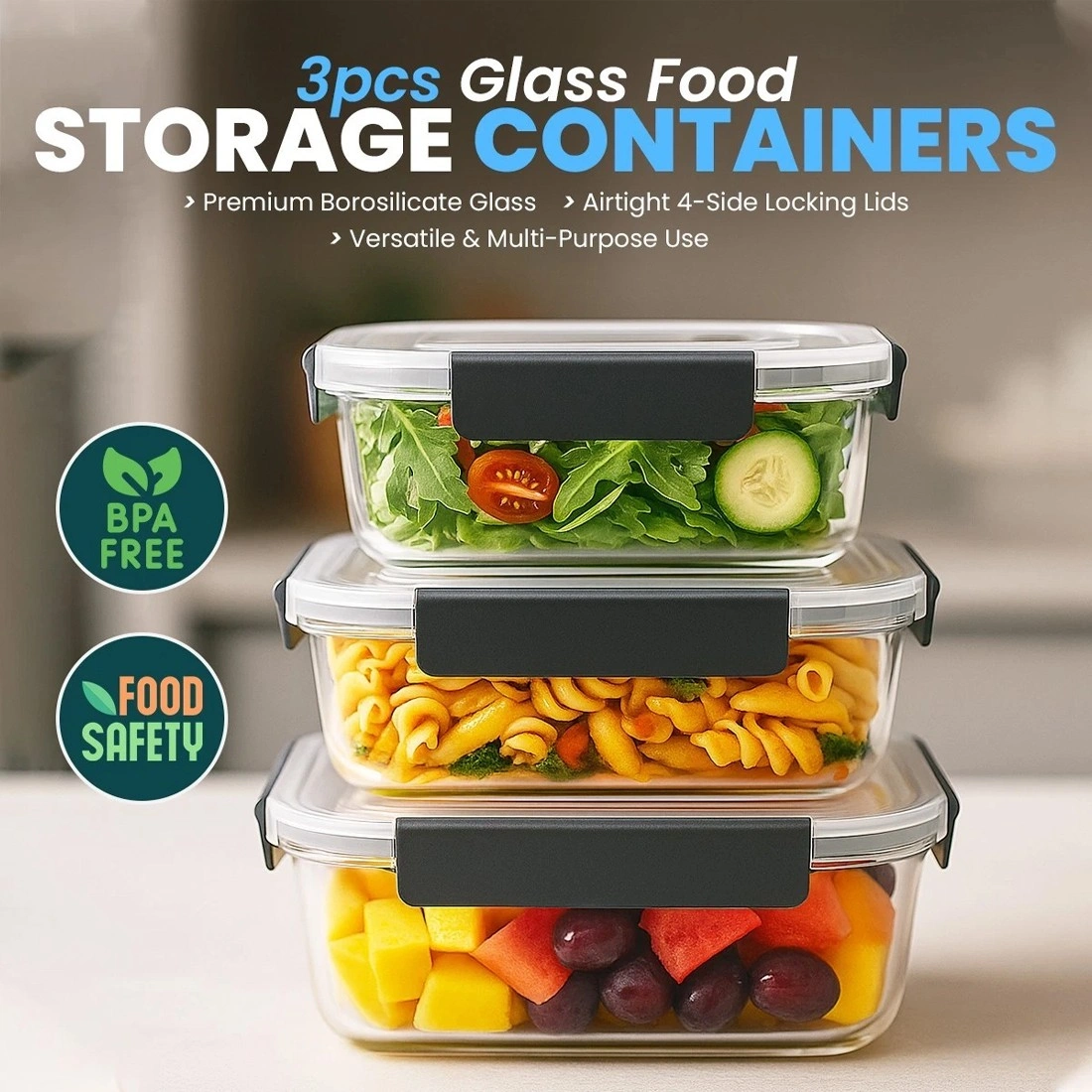 3 Pack Borosilicate Glass Food Storage Containers with Lids - Meal Prep Jar Set view 2