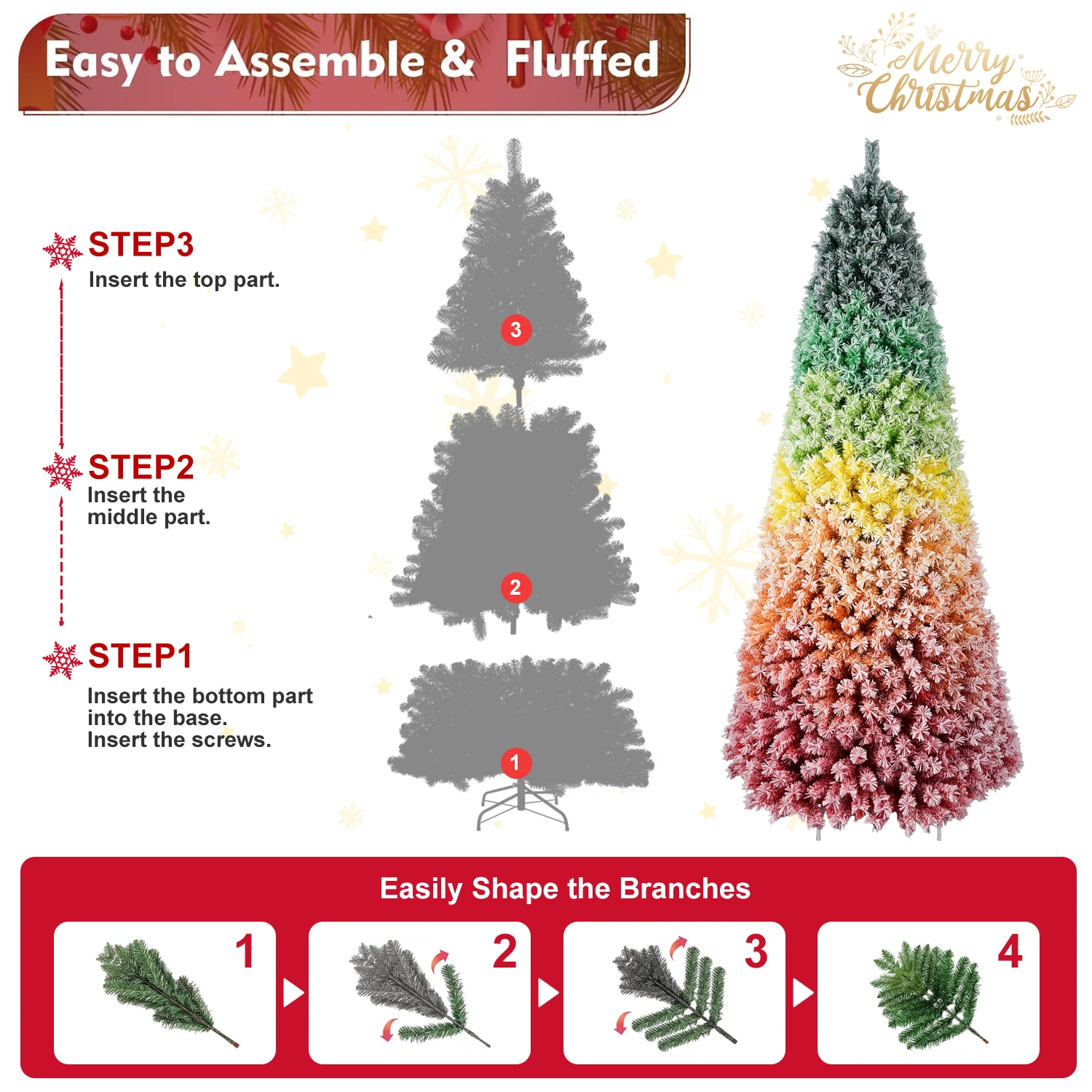 6ft Rainbow Gradient Flocked Christmas Tree, 1326 Tips PVC Artificial Pine with Snowy Finish, Hinged Design & Sturdy Metal Stand for Holiday Decor view 4