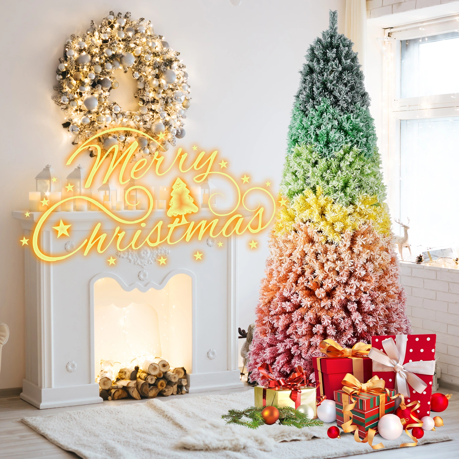 6ft Rainbow Gradient Flocked Christmas Tree, 1326 Tips PVC Artificial Pine with Snowy Finish, Hinged Design & Sturdy Metal Stand for Holiday Decor view 5