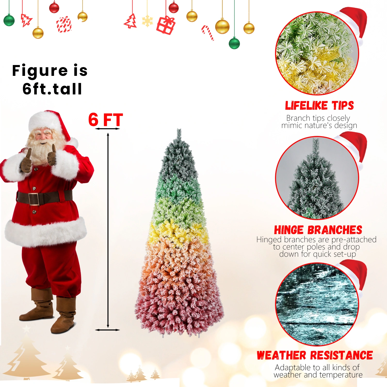 6ft Rainbow Gradient Flocked Christmas Tree, 1326 Tips PVC Artificial Pine with Snowy Finish, Hinged Design & Sturdy Metal Stand for Holiday Decor view 8