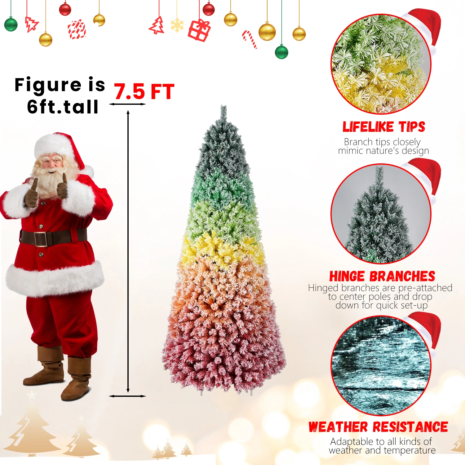 6ft Rainbow Gradient Flocked Christmas Tree, 1326 Tips PVC Artificial Pine with Snowy Finish, Hinged Design & Sturdy Metal Stand for Holiday Decor view 9