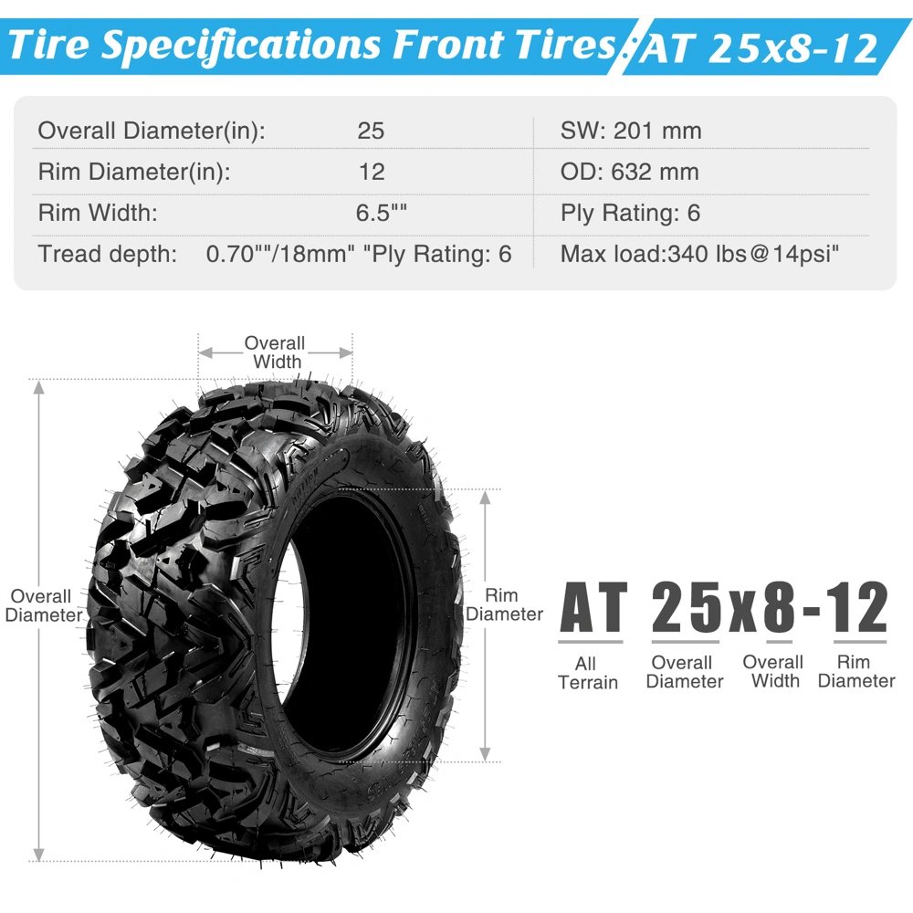 Complete Set of 4 All Terrain ATV UTV Tires 25x8-12 Front & 25x10-12 Rear 6PR Tubeless view 4