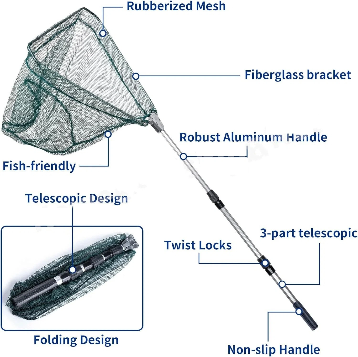Telescopic Fishing Landing Net - Folding Extendable Angling Net for Trout, Carp & Sea Fishing view 2