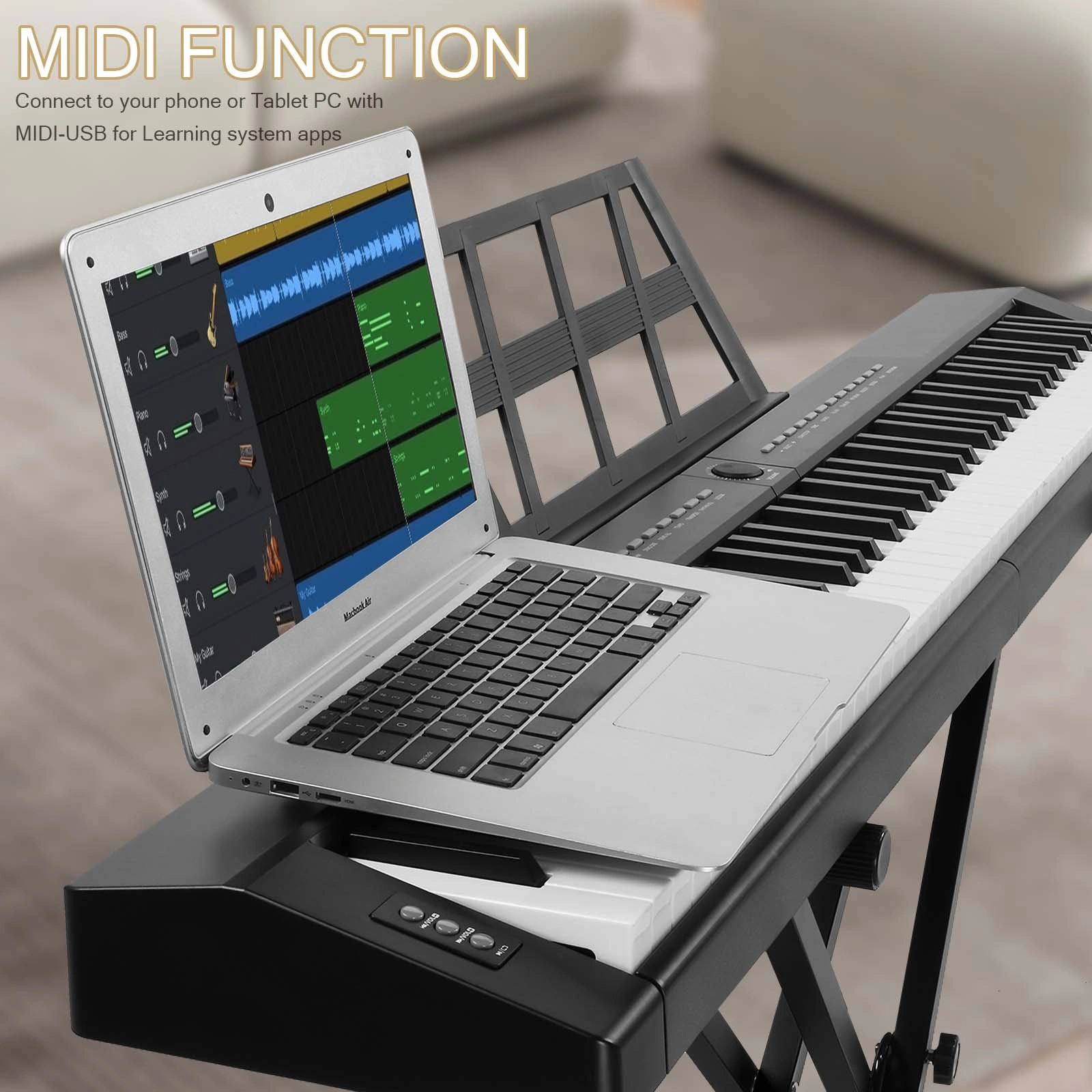 GPP-105 88-Key Full Size Digital Piano - Semi-Weighted Keys, Dual X-Shape Stand, MIDI Bluetooth, Headphone - Black view 3