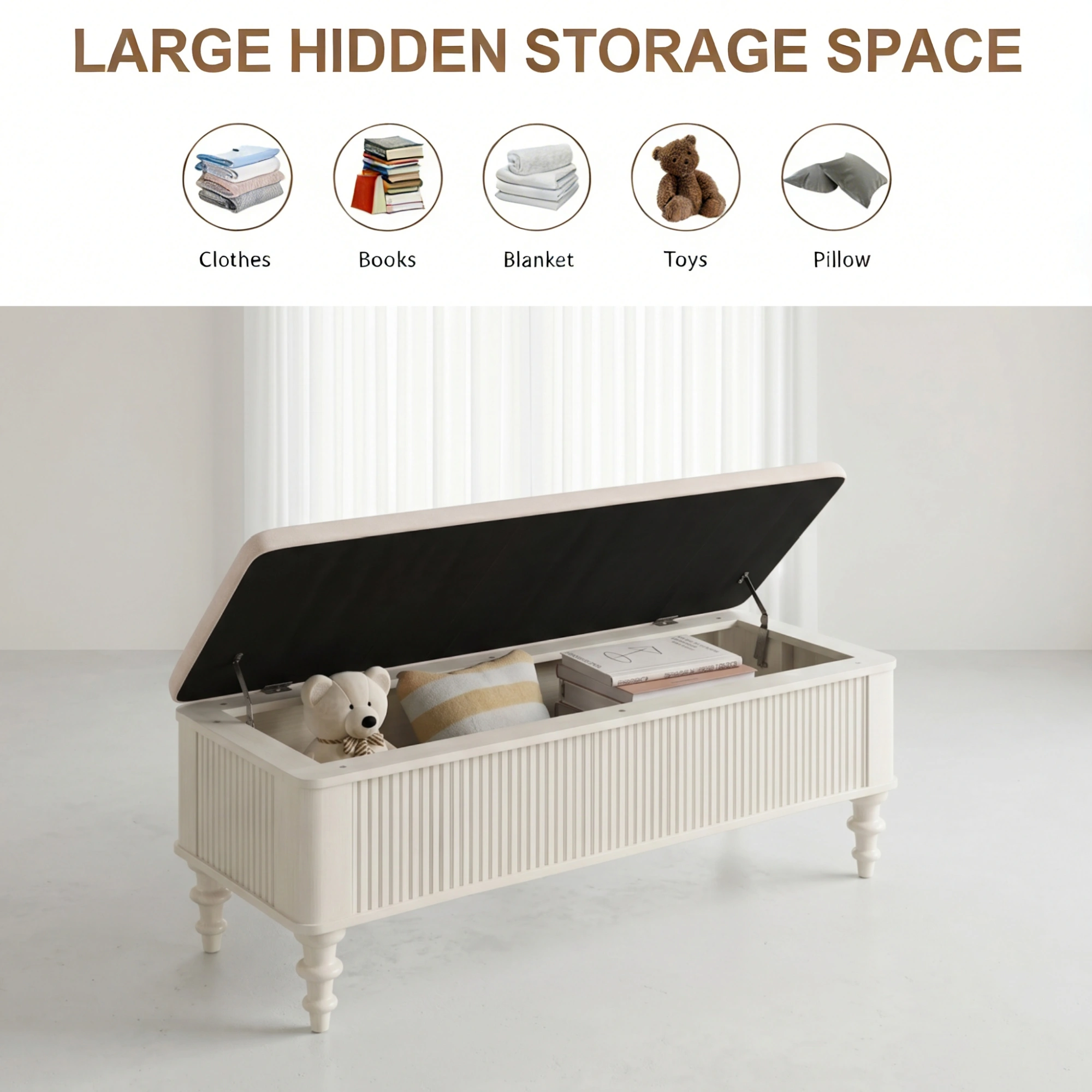50.8-inch Multi-Functional Storage Ottoman Bench-Solid Rubberwood Bed End Bench with Linen Seat, Storage Bench for Bedroom, Entryway Shoe Organizer for Bedroom, Living Room, Entryway, Closet, Beige view 4