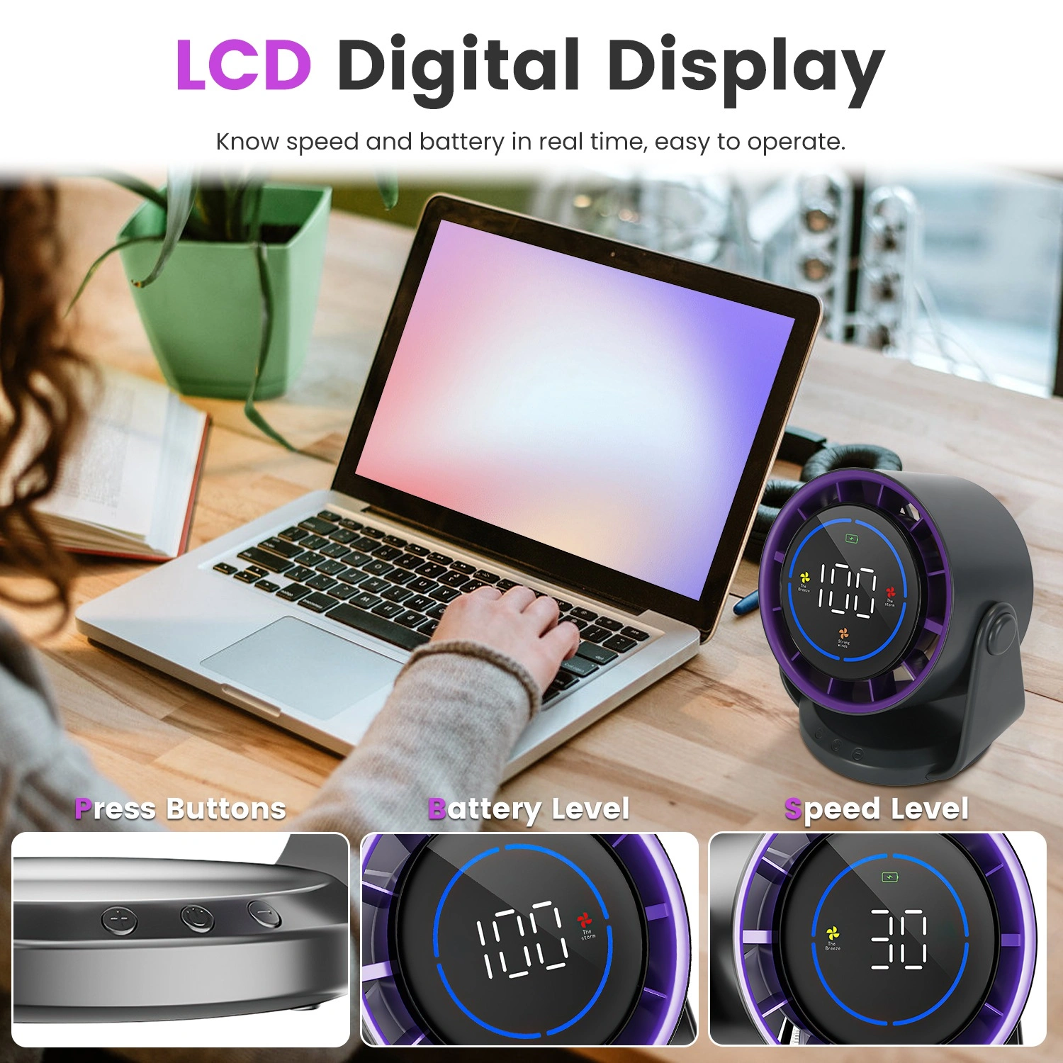 Portable USB Table Fan 100 Speed Settings Real-Time LCD Display Battery Indicator, 120 Degree Adjustable Tilt Desktop Wall Mount 4000mAh Wireless Cooling Fan view 11