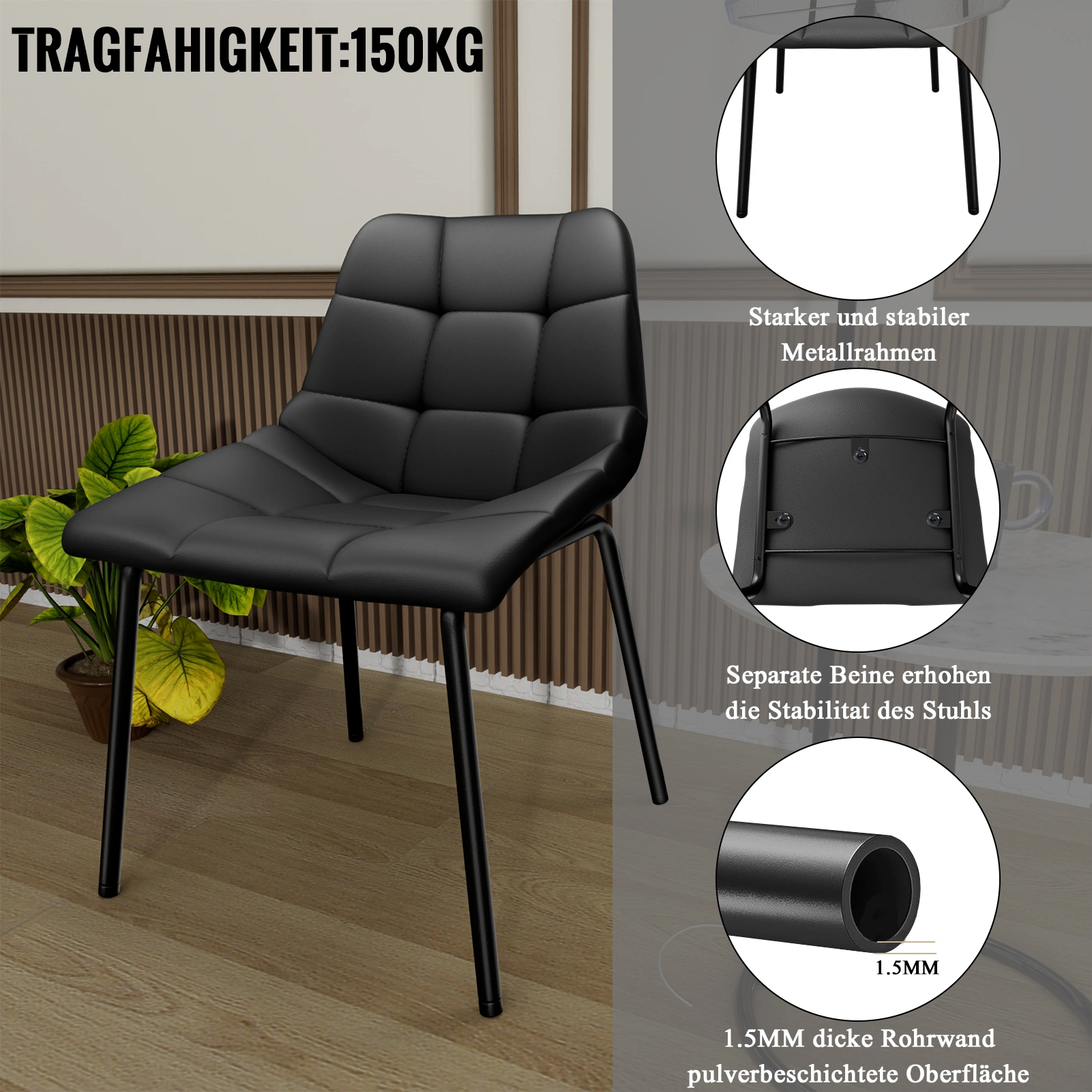 Modern Dining Chairs 2/4/6/8 Piece Set, High Back Faux Leather Padded Kitchen Stools, Metal Legs Dining Room Chair for Living Room Table, Black view 3