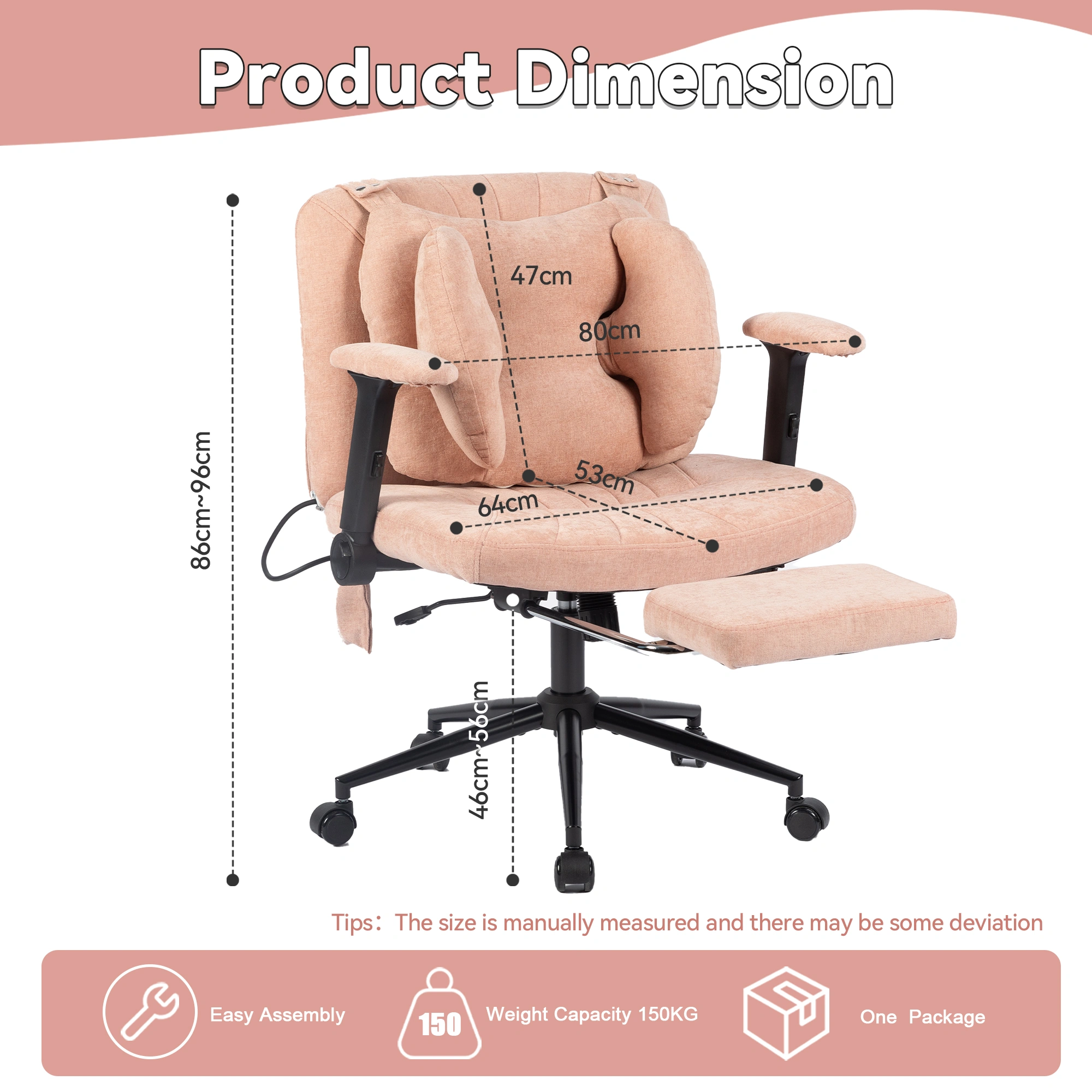 Gaming Office Chair with Footrest, Height Adjustable Swivel Desk Chair with Armrests & Casters, Pink view 3