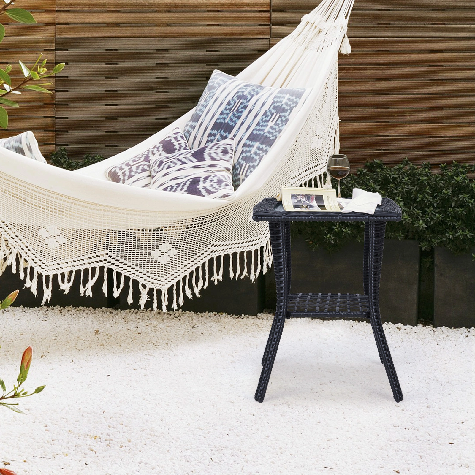 Outdoor Wicker Side Table, Rattan End Table with Glass Top, Patio Coffee Bistro Table for Indoor Garden Porch Balcony, Black view 11