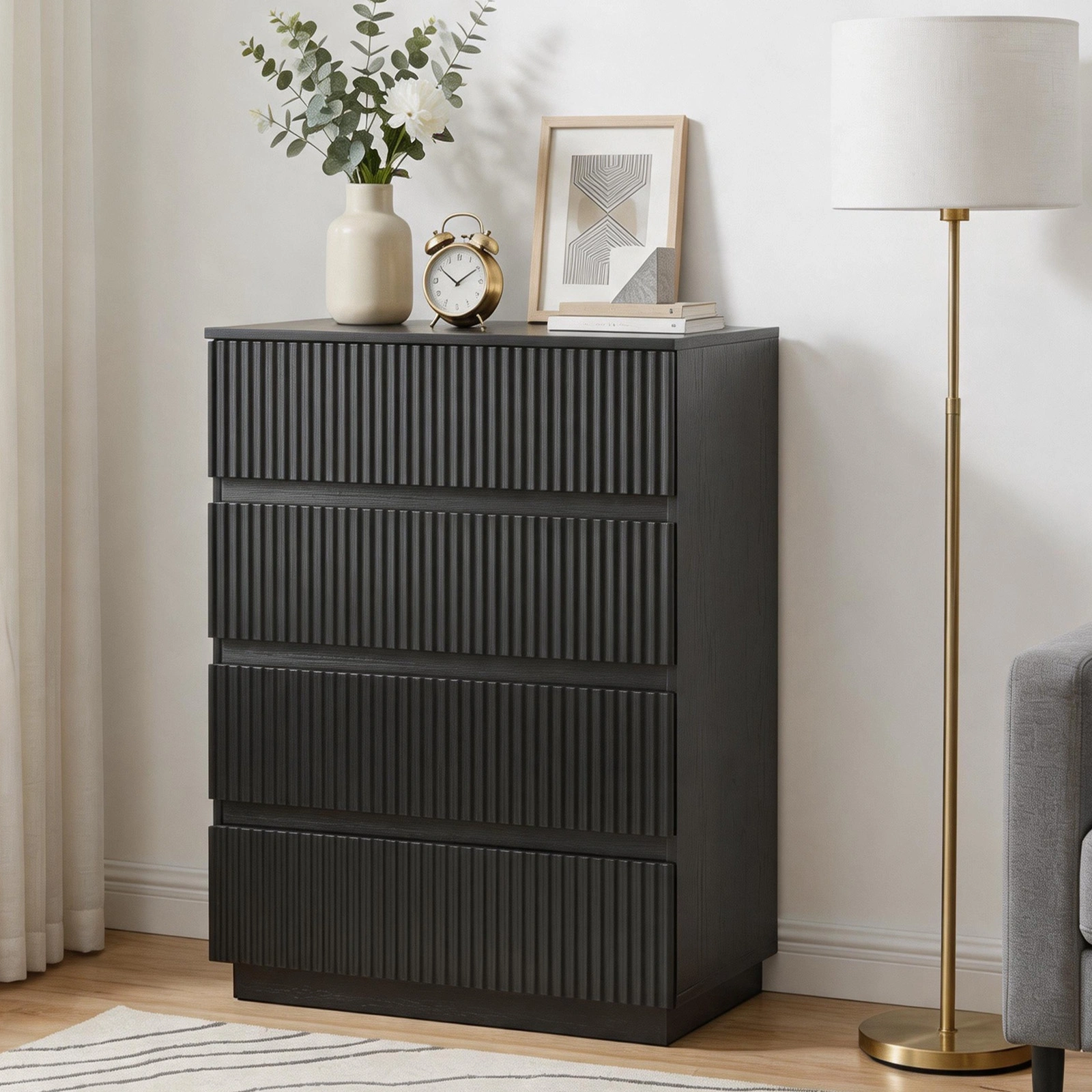 Handleless Grille-Finished 4-Drawer Bedside Table P2 Particleboard + MDF & Melamine Veneer + Thermoformed Drawer Dresser 23.62*14.96*30.71in Black view 16