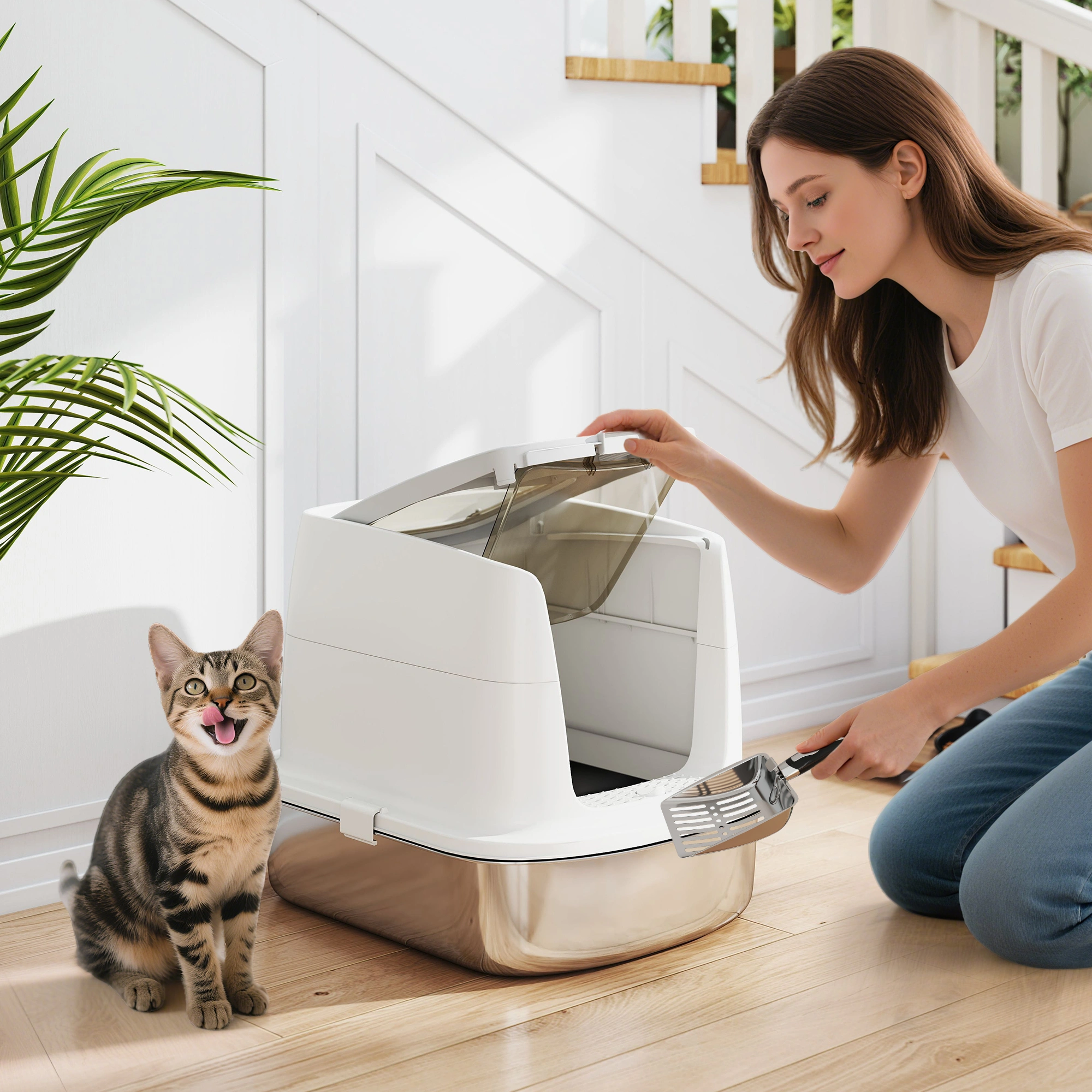 Self-Cleaning Automatic Cat Litter Box with Odor Control Sensor, App Control, White