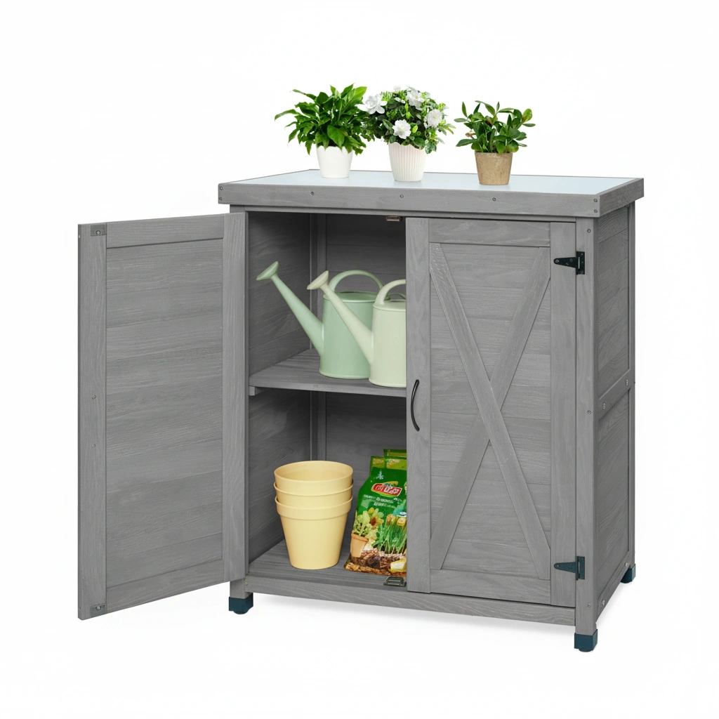 Potting Bench with Storage Cabinet, Metal Work Table Top, Outdoor Garden Potting Station for Patio, Deck, Workspace view 8