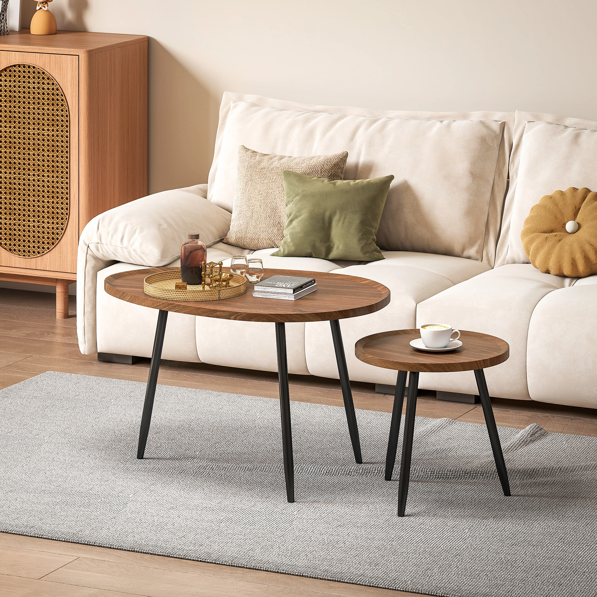Rattan Coffee Table, Woven Accent Indoor Side Table with Sturdy Frame for Living Room & Home Decor