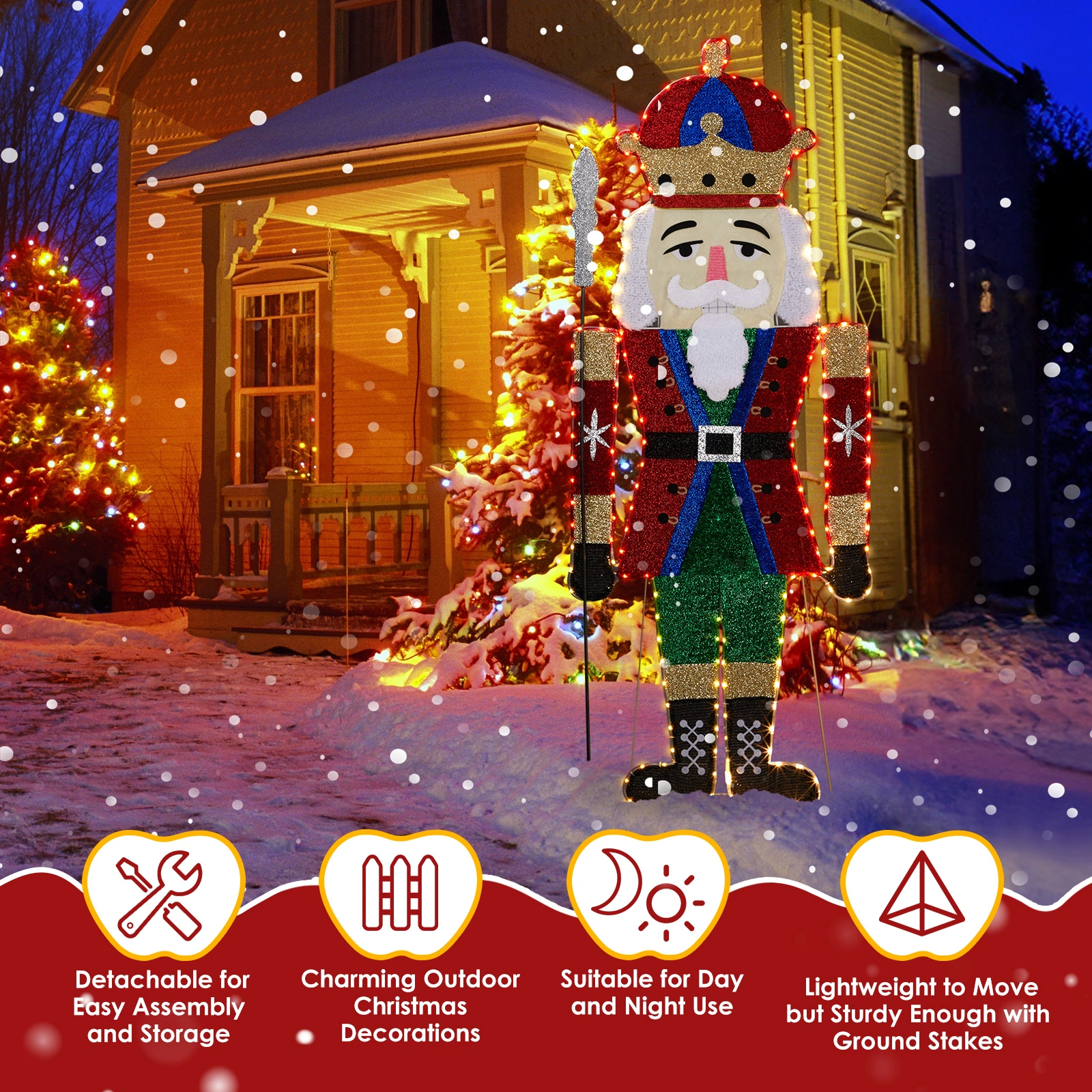 Lighted Nutcracker Christmas Yard Decorations, Pre-lit 2D Nutcracker Soldier with 162 LED Warm White Lights and Stakes for Xmas Outdoor Holiday Indoor Decor Lighted Holiday Displays view 6