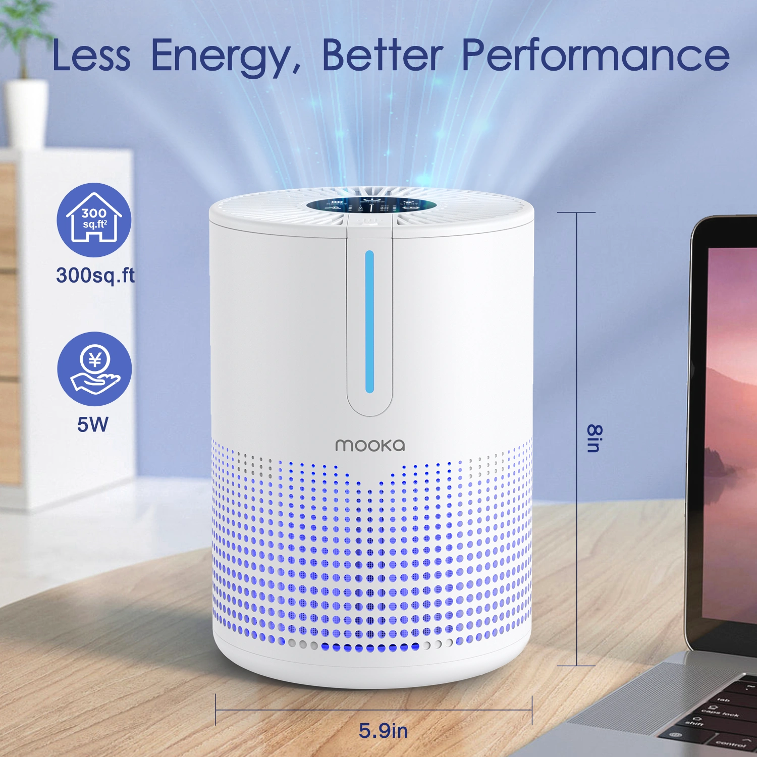 (Amazon&TEMU: Prohibited,No weekend orders.)MOOKA 300Sq.ft Air Purifier Cleaner HEPA Filter Remove Odor Dust Mold Home Allergies Smog view 6